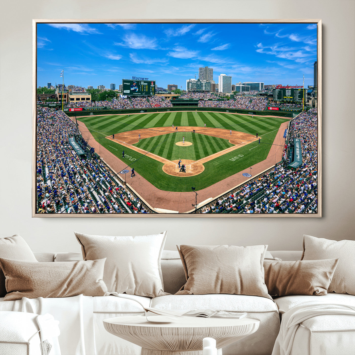 26064-MGV-CV-30X20-Framed Wrigley Field Chicago Cubs Print, Panoramic Multi Piece Canvas Wall Art - Iconic Baseball Stadium Print for Sports Lovers - Ready to