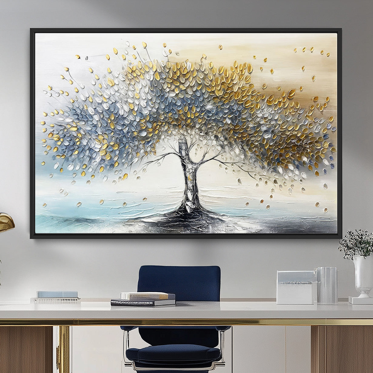 MGV-FC-36X24 - Golden & Silver Tree of Life Wall Art – Canvas Print with Whimsical Leaves Elegant Nature Design, Decorative Home, Office or Guest Room Decor