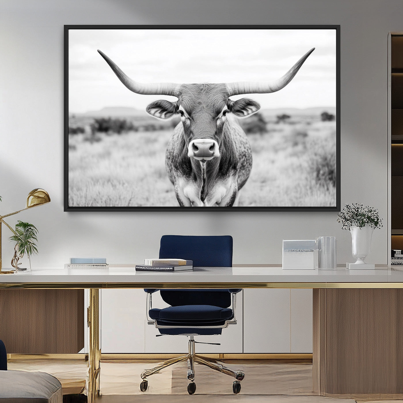 MGV-FC-36X24 - Highland Cow Wall Art Print - Black and White Texas Western Longhorn Canvas - Farmhouse Decor Print