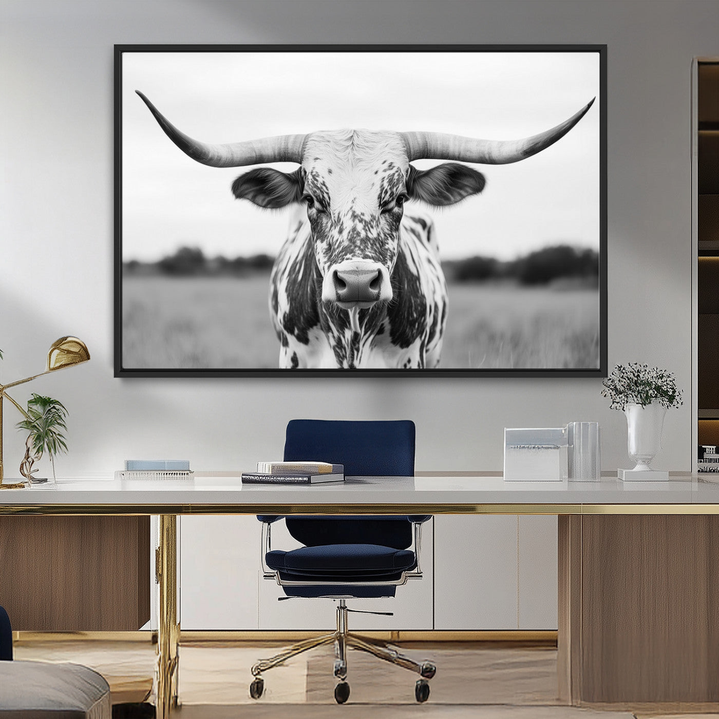 MGV-FC-36X24 - Highland Cow Wall Art - Black and White Western Longhorn Canvas Print - Farmhouse Living Room Decor