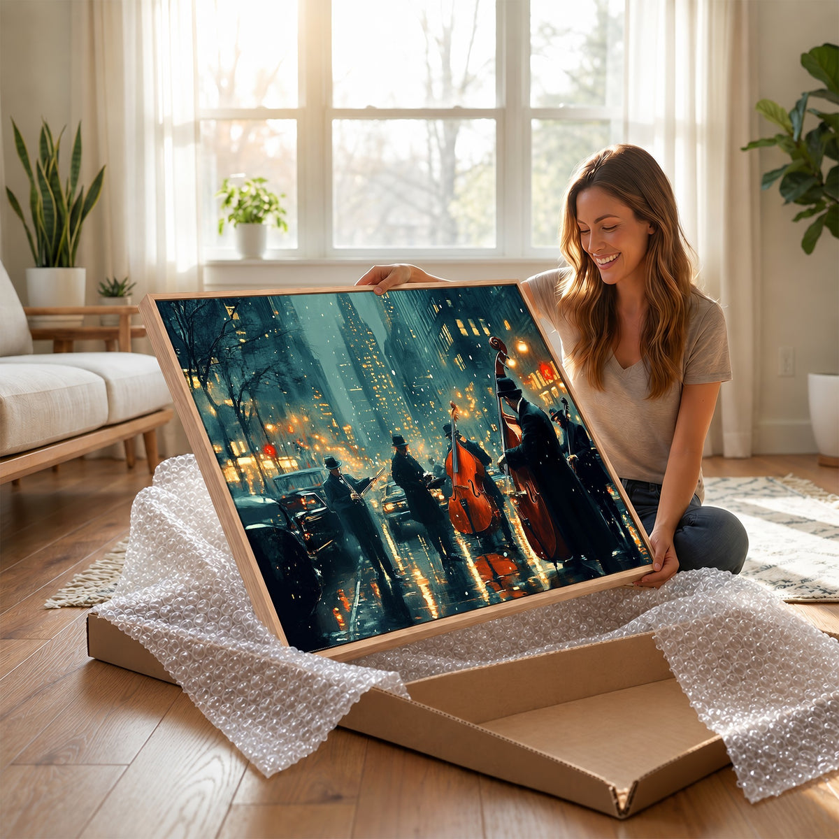53391-MGV-CV-24X16 - Urban Night Jazz Wall Art Canvas Print | Moody Rain Soaked City Street Band Scene