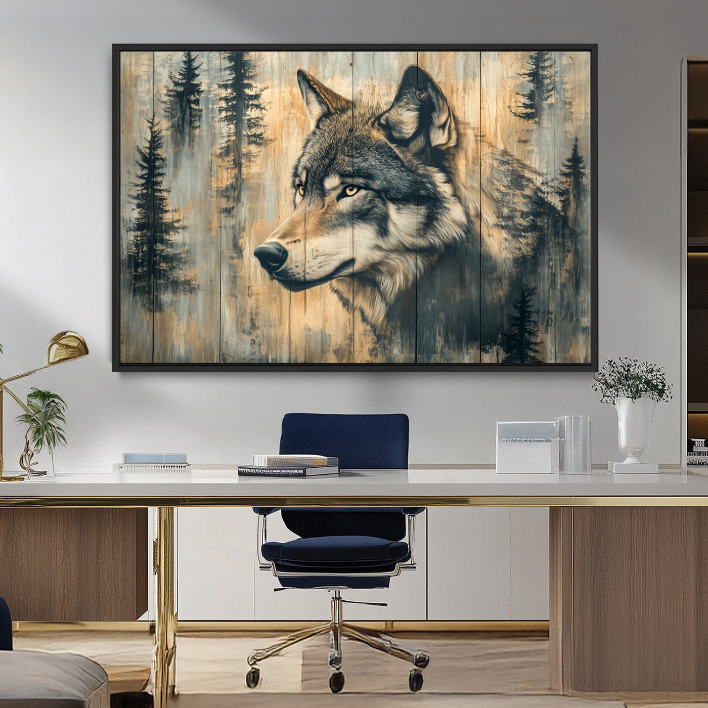 MGV-FC-36X24 - Wood Style Rustic Wolf Wall Art Canvas Print, Vintage Woodland Wolf Wall Art, Framed Wood Style Wolf