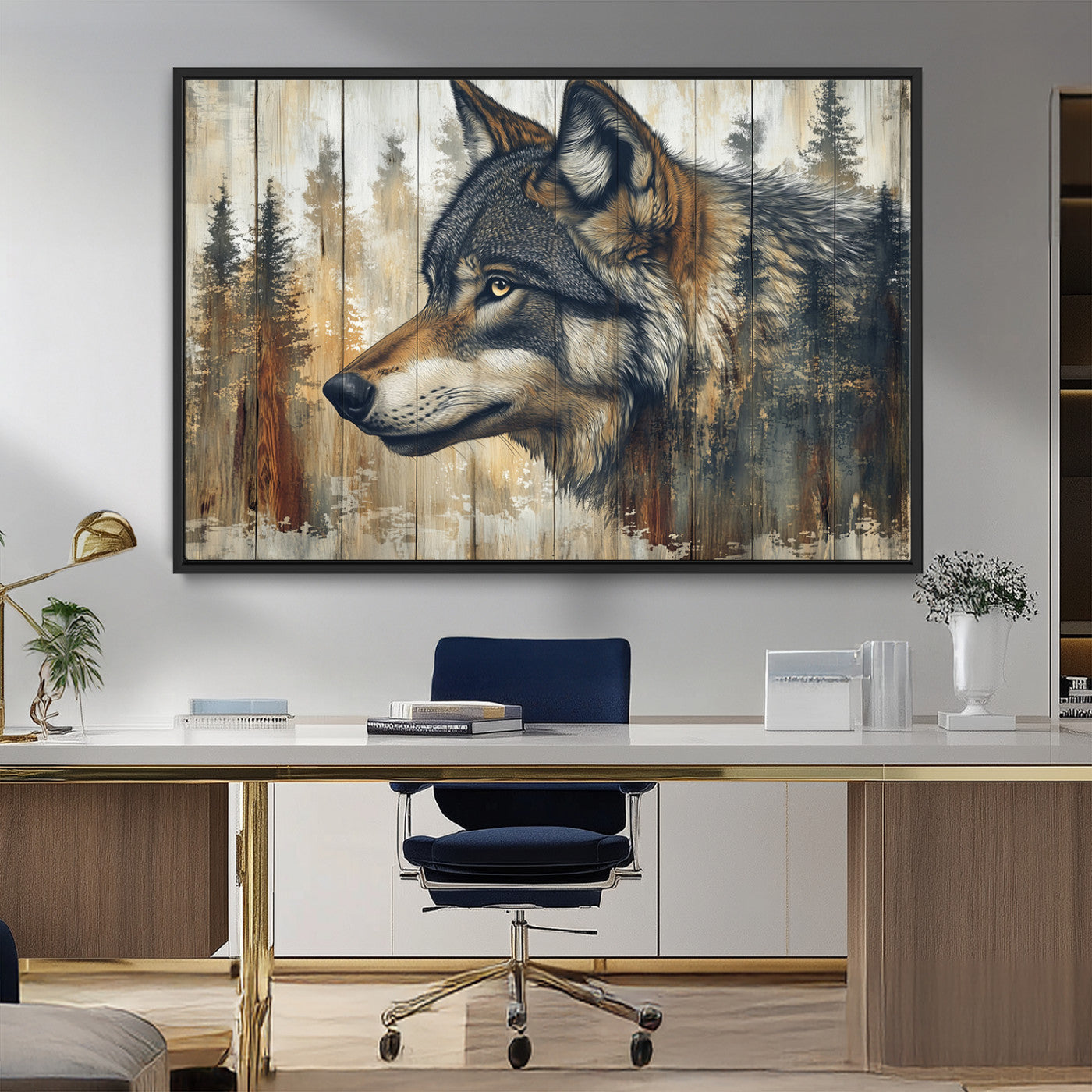 MGV-FC-36X24 - Rustic Wolf Wall Art Canvas Print, Vintage Woodland Wolf Wall Art