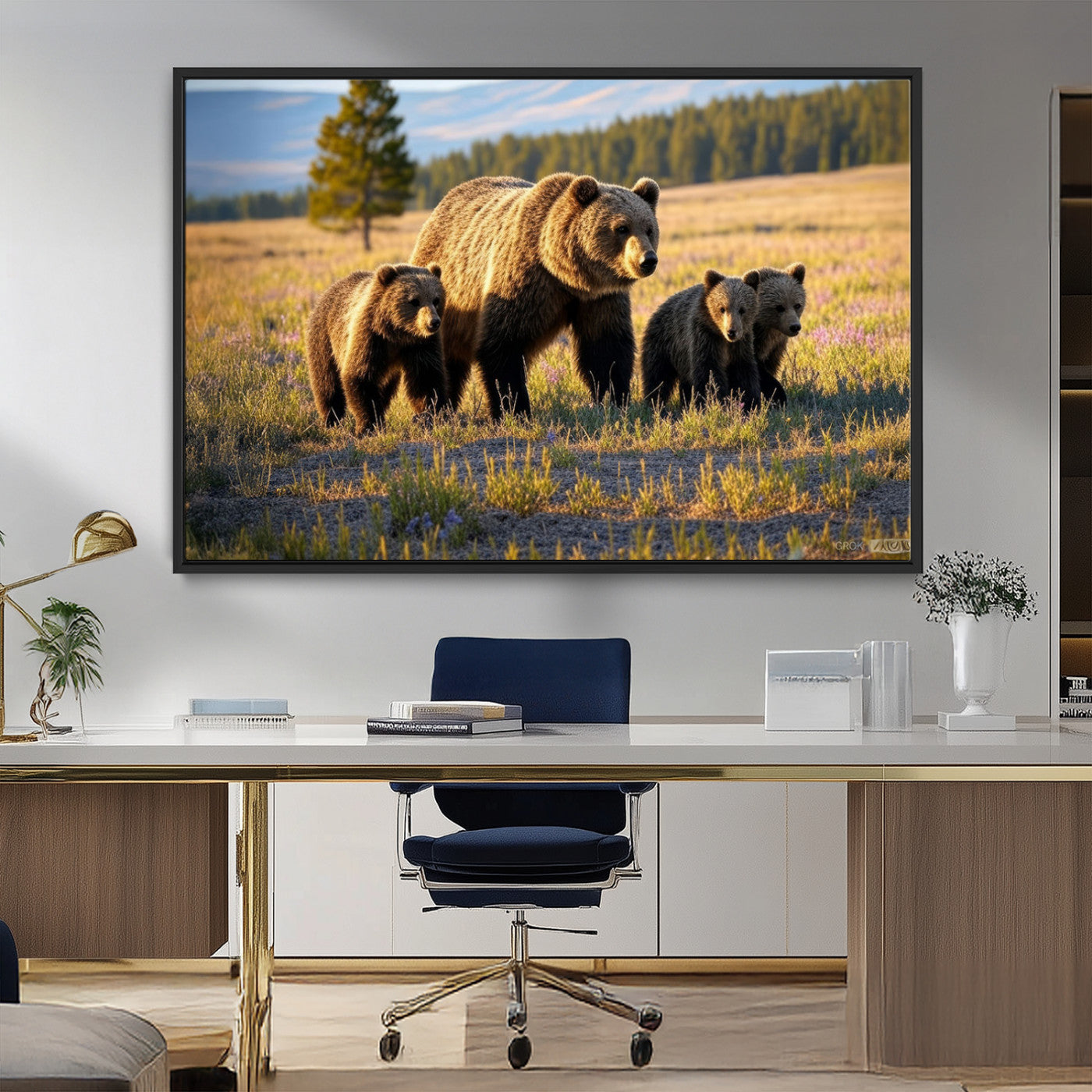 MGV-FC-36X24 - Grizzly 399 in Wild Flowers Wall Art Canvas Print, Grizzly Bears Wall Art, Queen of Grand Teton