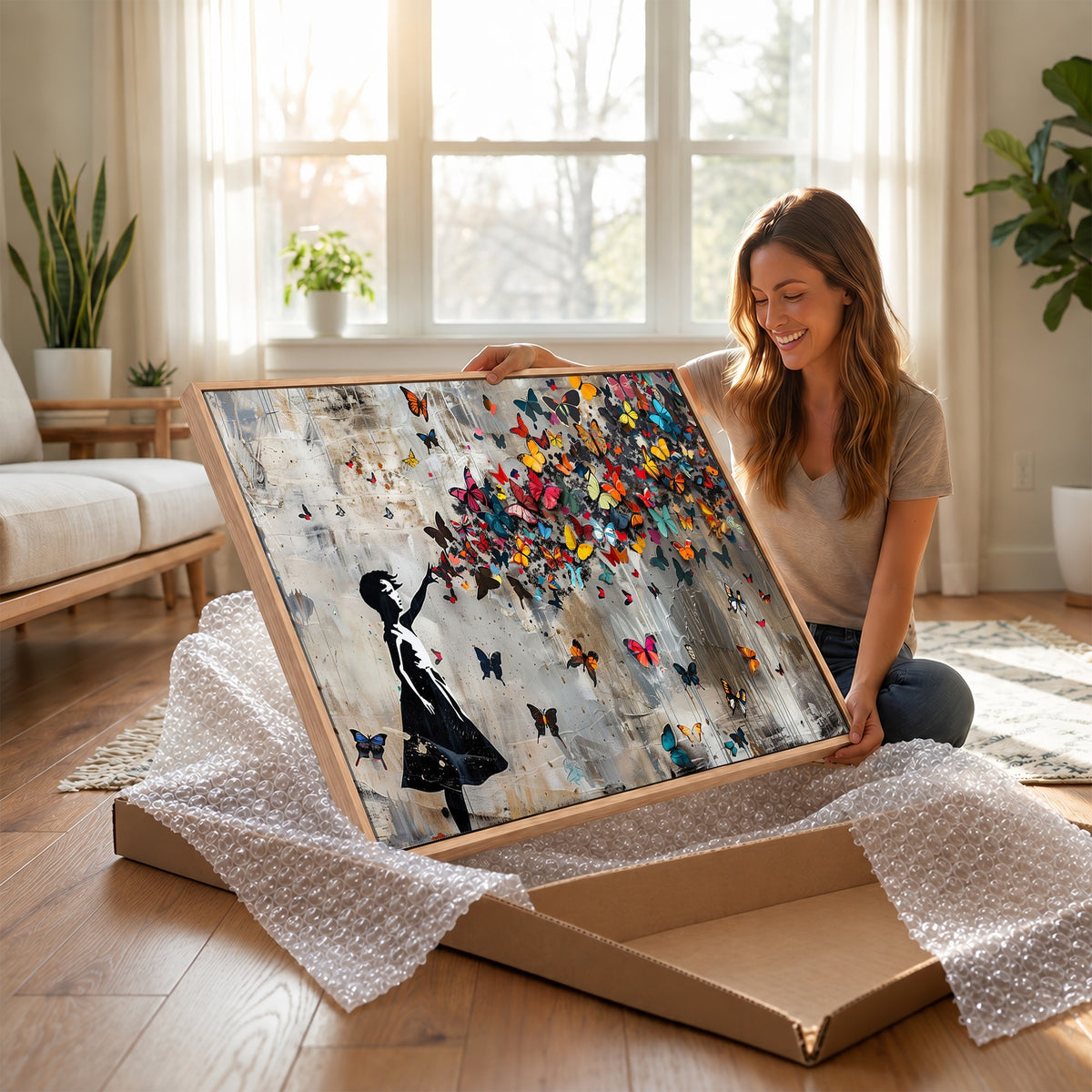 51446D-MGV-CV-24X16 - Banksy Butterfly Girl Wall Art | Modern Graffiti Canvas Print, Street Art Decor