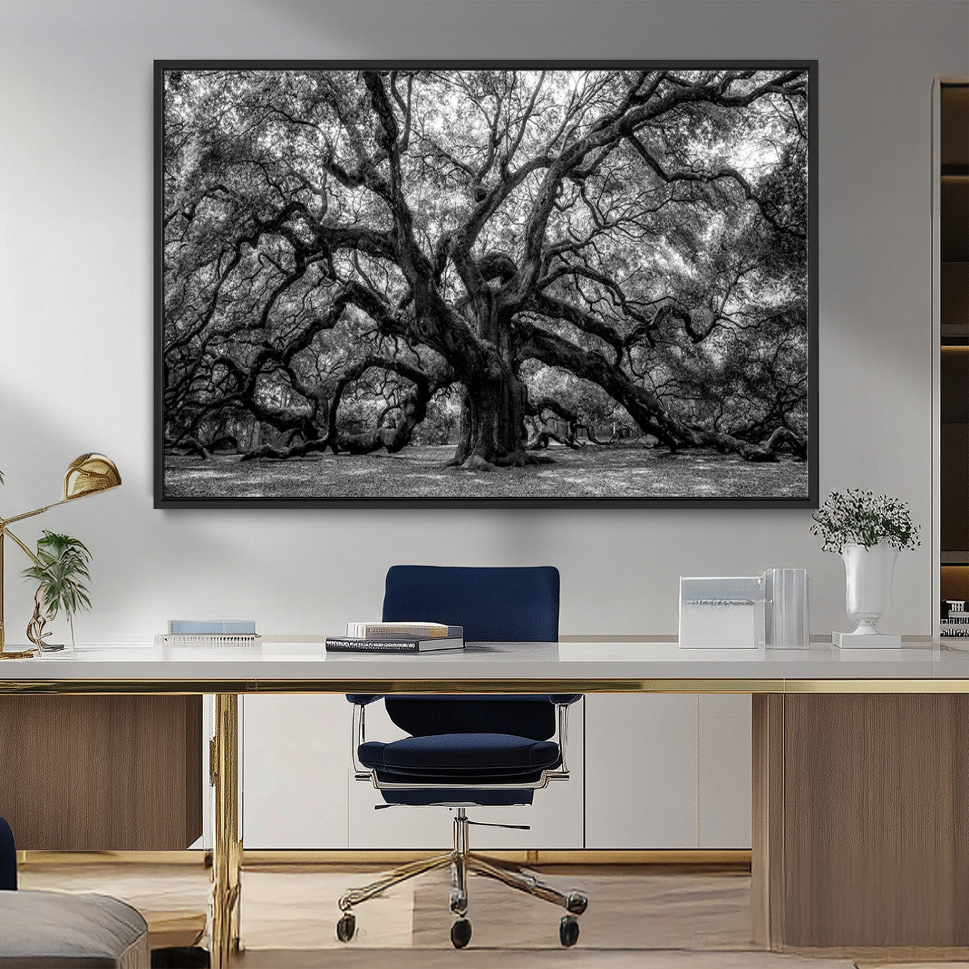 MGV-FC-36X24 - Black and White Old Angel Oak Tree Wall Art Canvas Print