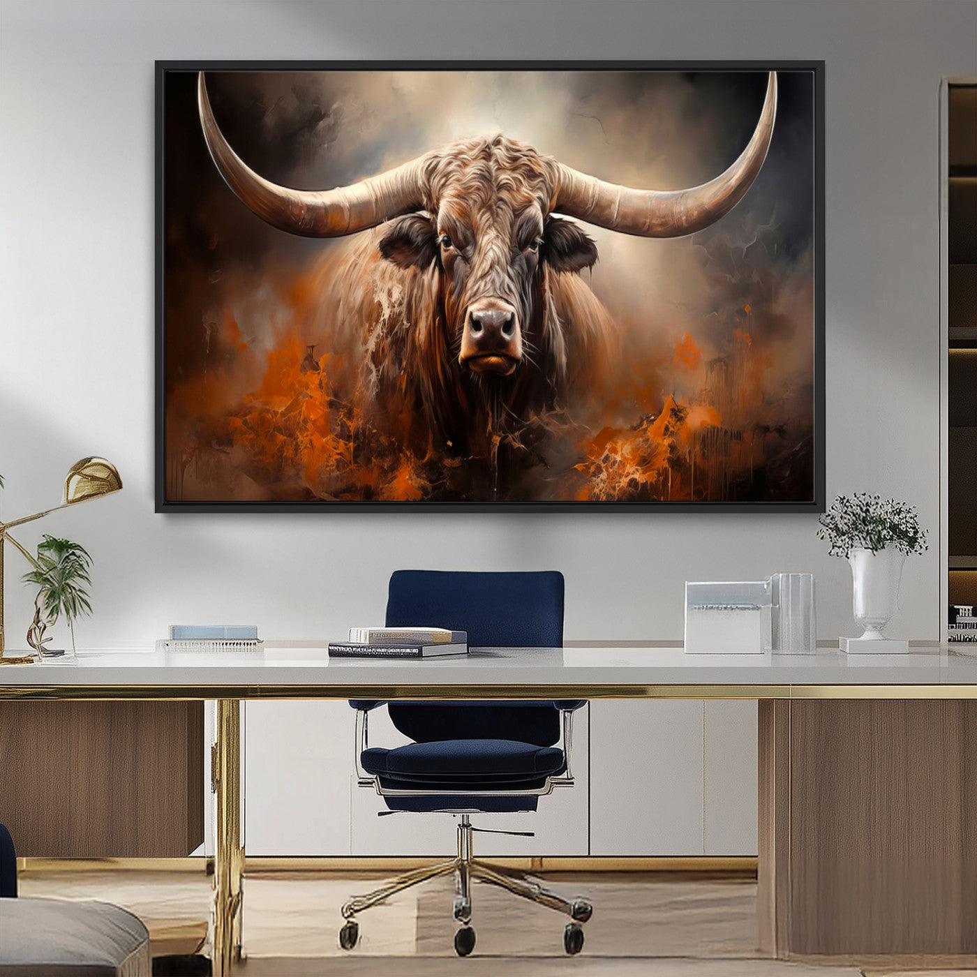MGV-FC-36X24 - Highland Bull Canvas Abstract Canvas Wall Art Print – Powerful Highland Bull with Striking Horns in