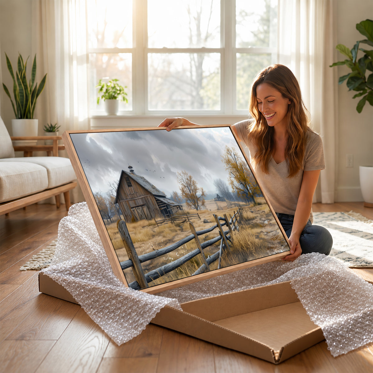 Farm1-MGV-CV-36X24 - Rustic Autumn Farmhouse Wall Art Canvas Print | Serene Countryside with Weathered Barn