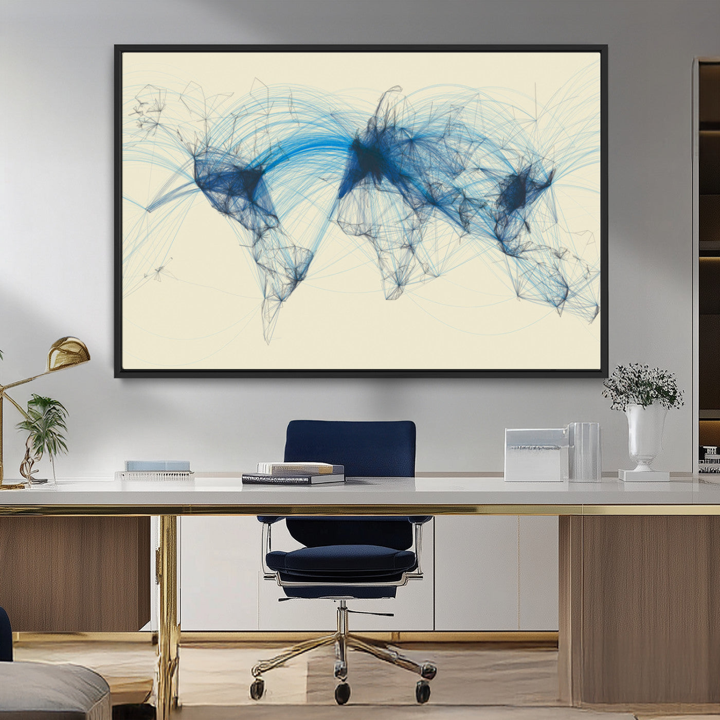 MGV-FC-36X24 - Flight Routes Map art Air Traffic Avi World Map with Blue Connections Canvas Wall Art – Modern