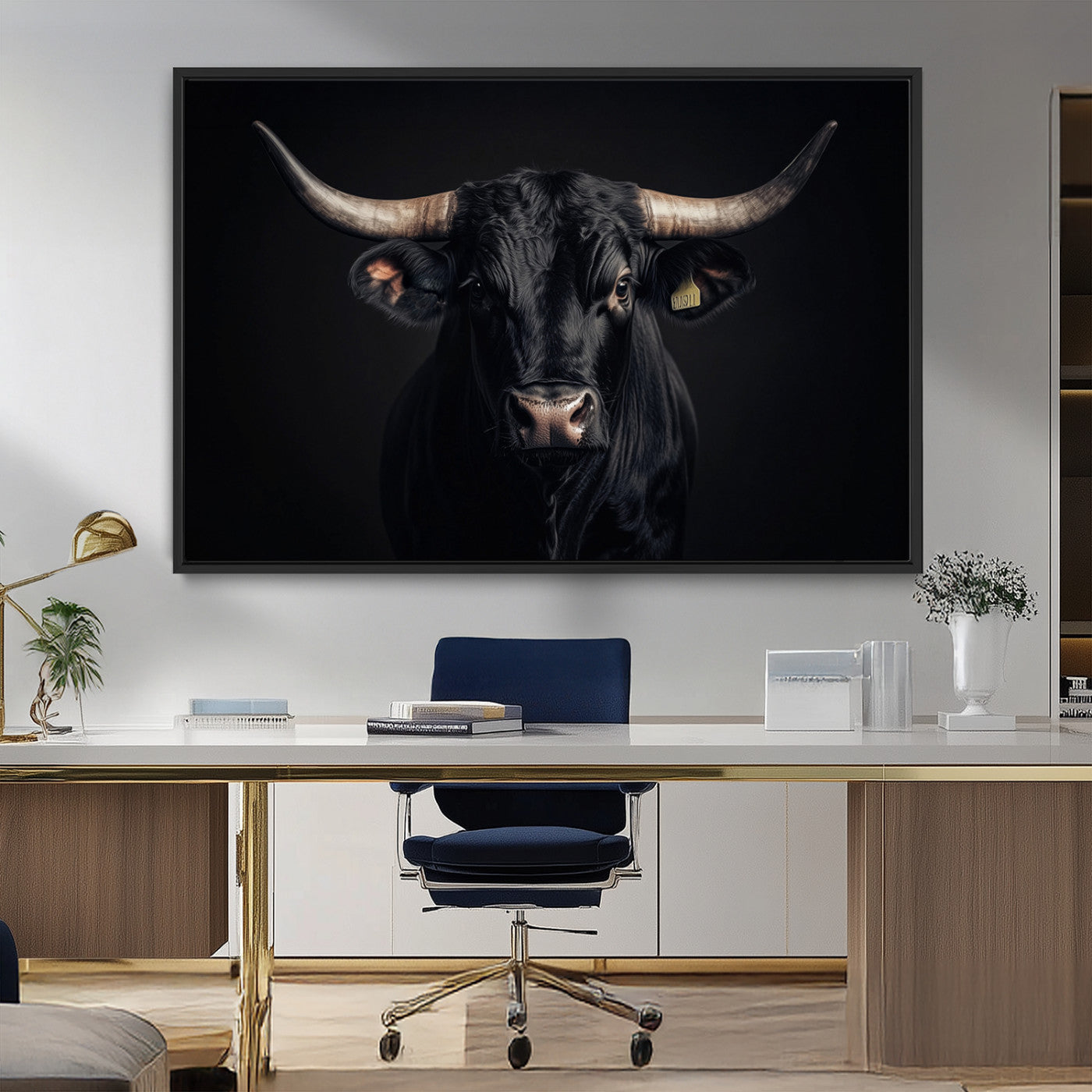 MGV-FC-36X24 - Black Bull Wall Art – Framed Horned Bull Canvas Artwork, Western Cattle Design, Rustic Ranch Style Decor for Home, Office