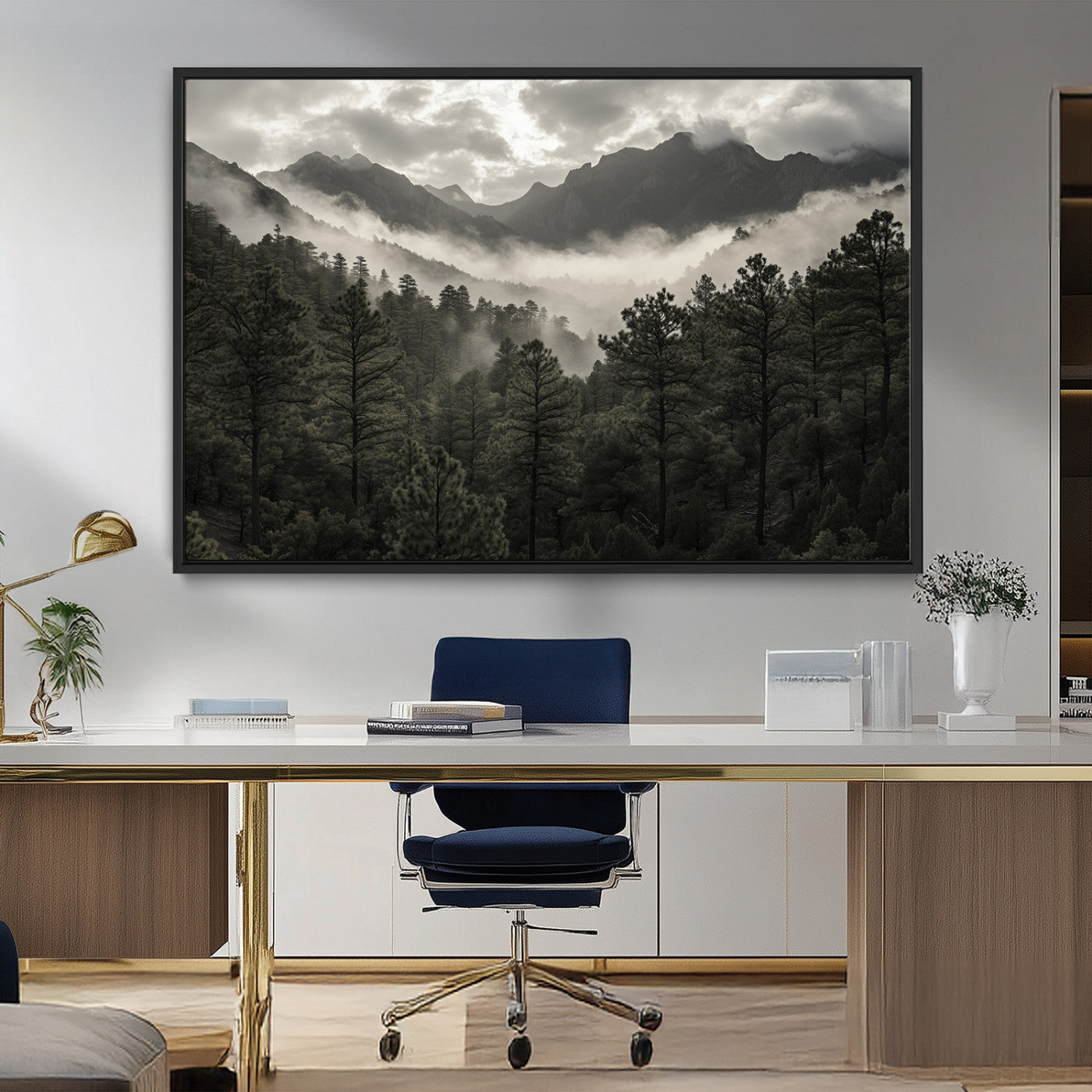 MGV-FC-36X24 - Misty Mountain Forest Wall Art – Canvas Print of Cloudy Peaks, Tranquil Pines, Enchanted Landscape, Majestic Nature Decor for Home or Office