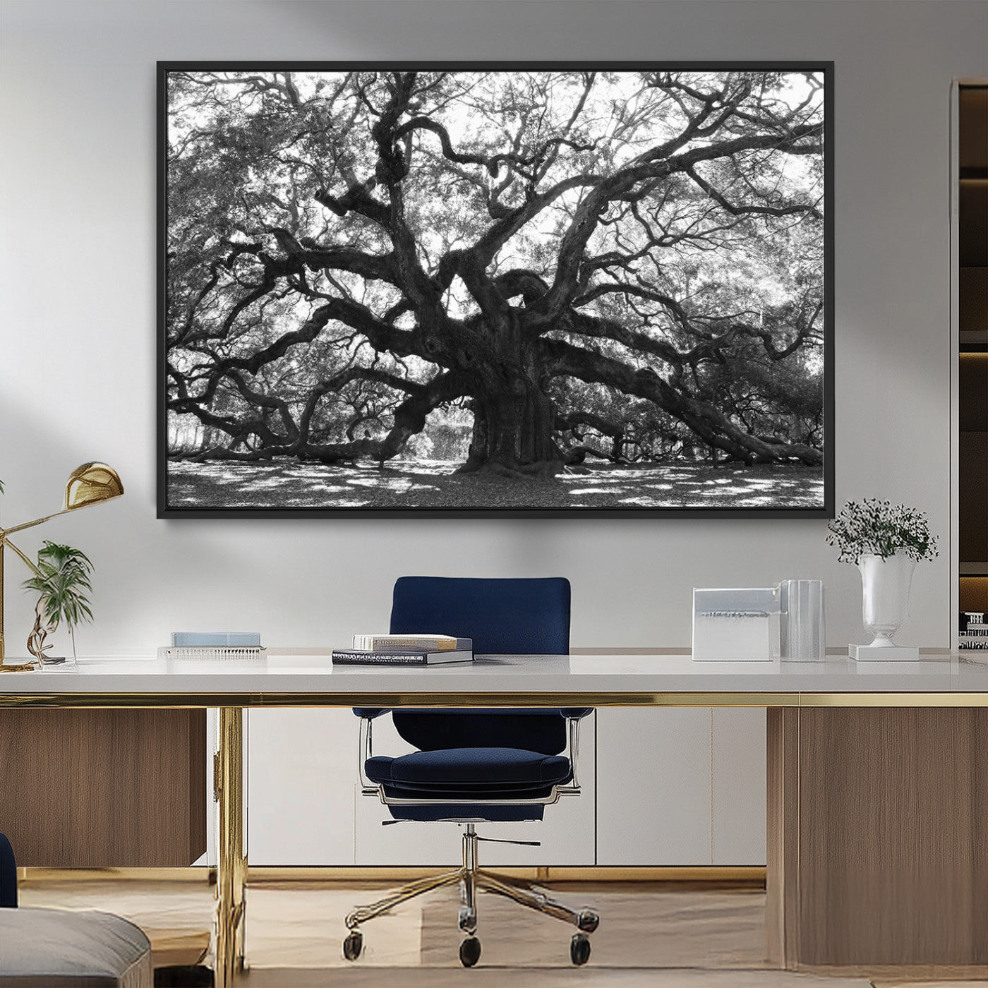 MGV-FC-36X24 - Ancient Oak Wall Art Canvas Print, Framed Twisted Branches Art Picture Print, Gnarled Tree Perfect Moody Nature Decor Artwork