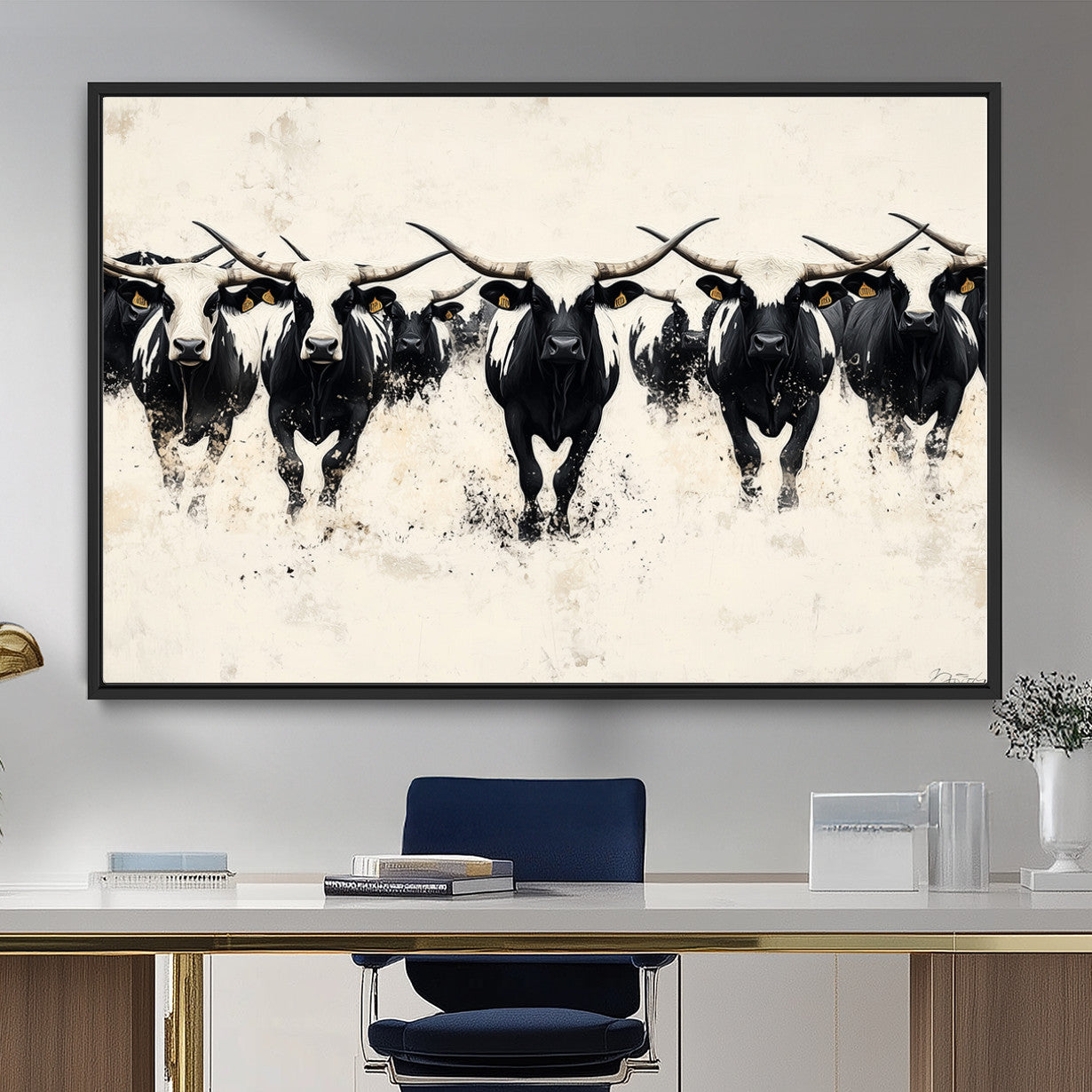 MGV-FC-36X24 - Longhorn Cattle Wall Art – Canvas Print of Herd in Motion, Symmetry and Ink Splatter, Minimalist Western Ranch, Bold Rustic Farm Decor