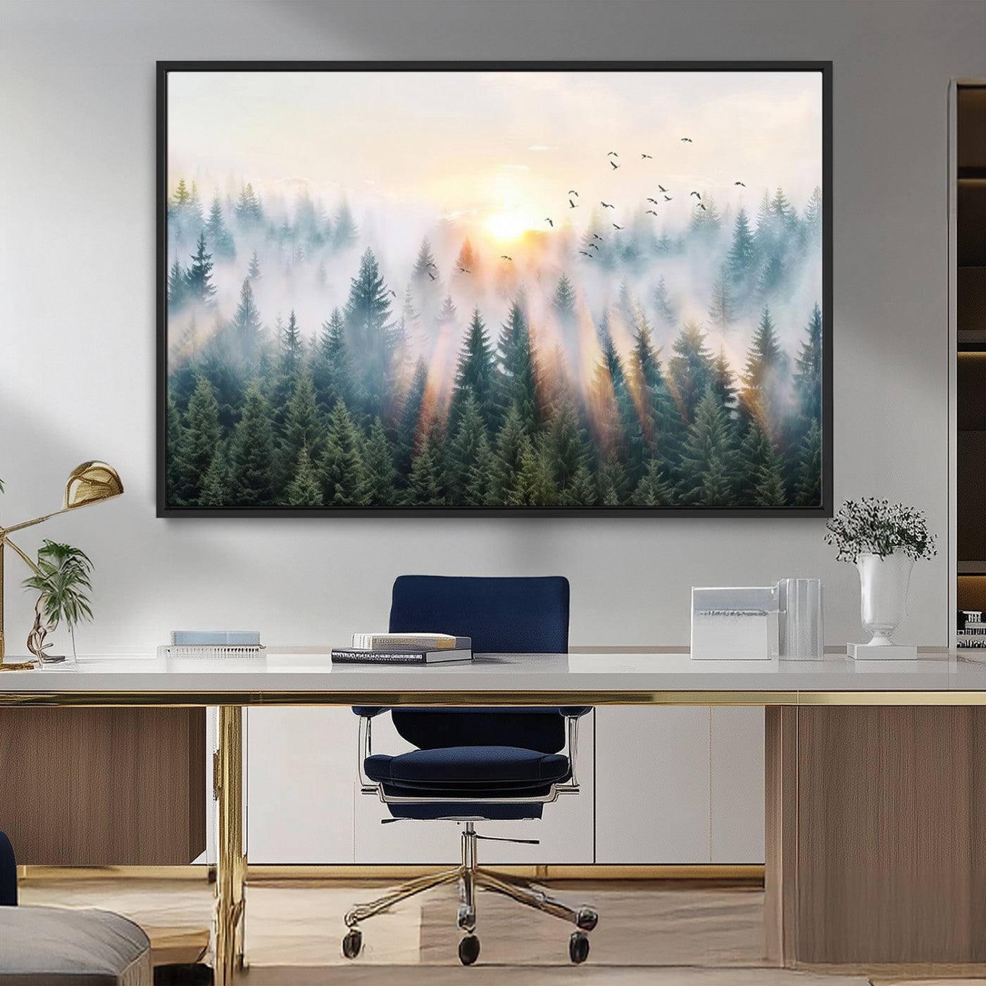 MGV-FC-36X24 - Misty Pine Forest Wall Art Canvas, Sunrise Over Foggy Trees Canvas for Home - Office, Framed