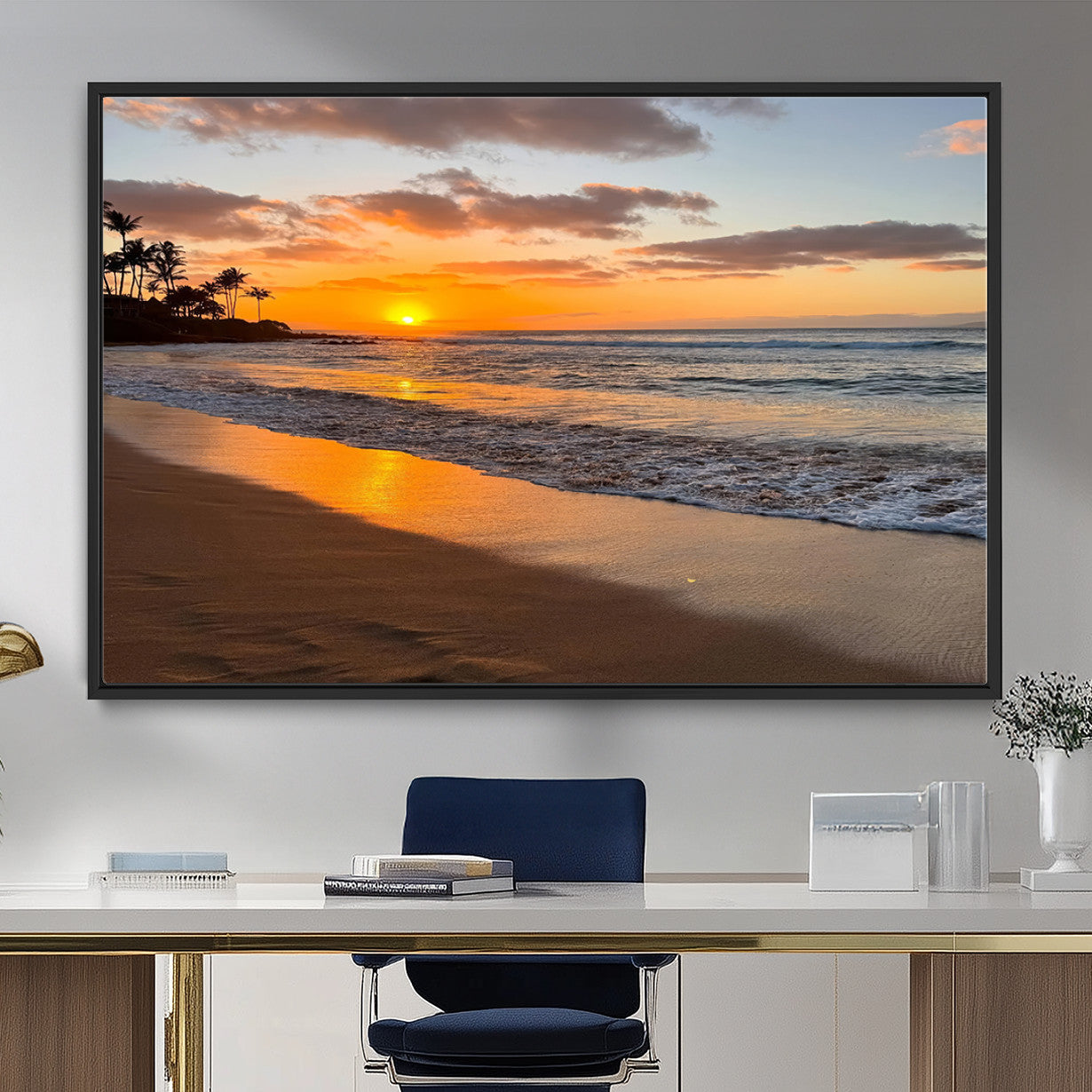 MGV-FC-36X24 - Sunset Glow Wall Art – Canvas Print of Ocean Breeze, Golden Sand, Tropical Palm Silhouettes, Tranquil Waves, Beach Nature Decor for Home