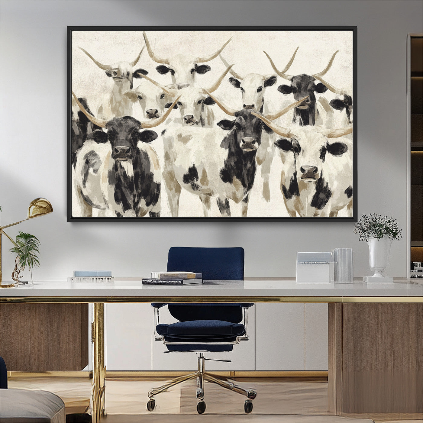 MGV-FC-36X24 - Longhorn Texas Cow Drawing Abstract Wall Art Canvas Print for Farmhouse Decor, Texas Bull Printing