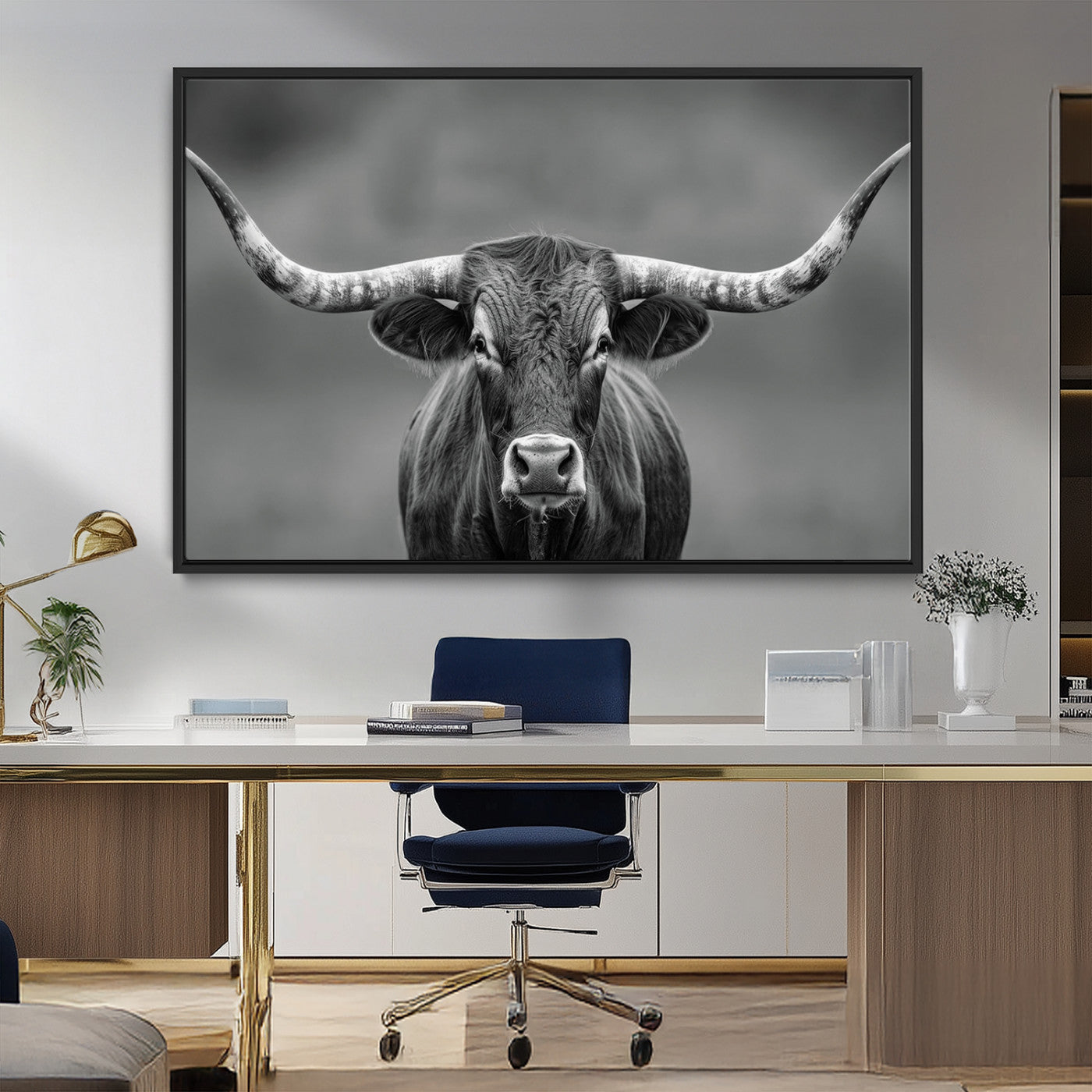 MGV-FC-36X24 - Framed Texas Longhorn Bull Art Canvas Print, Western Bull Wall Art Print, Long Horn Bull Photo Print