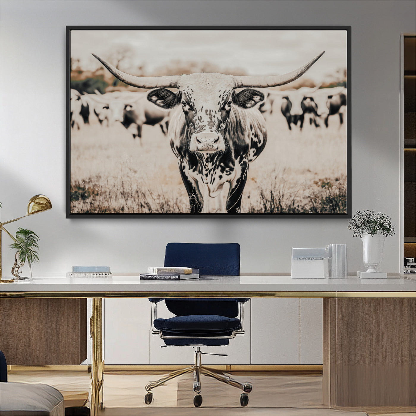 MGV-FC-36X24 - Texas Longhorn Wall Art Canvas Print, Framed Speckled Cow Art Picture Print, Horned Cattle Perfect Rustic Western Decor Artwork