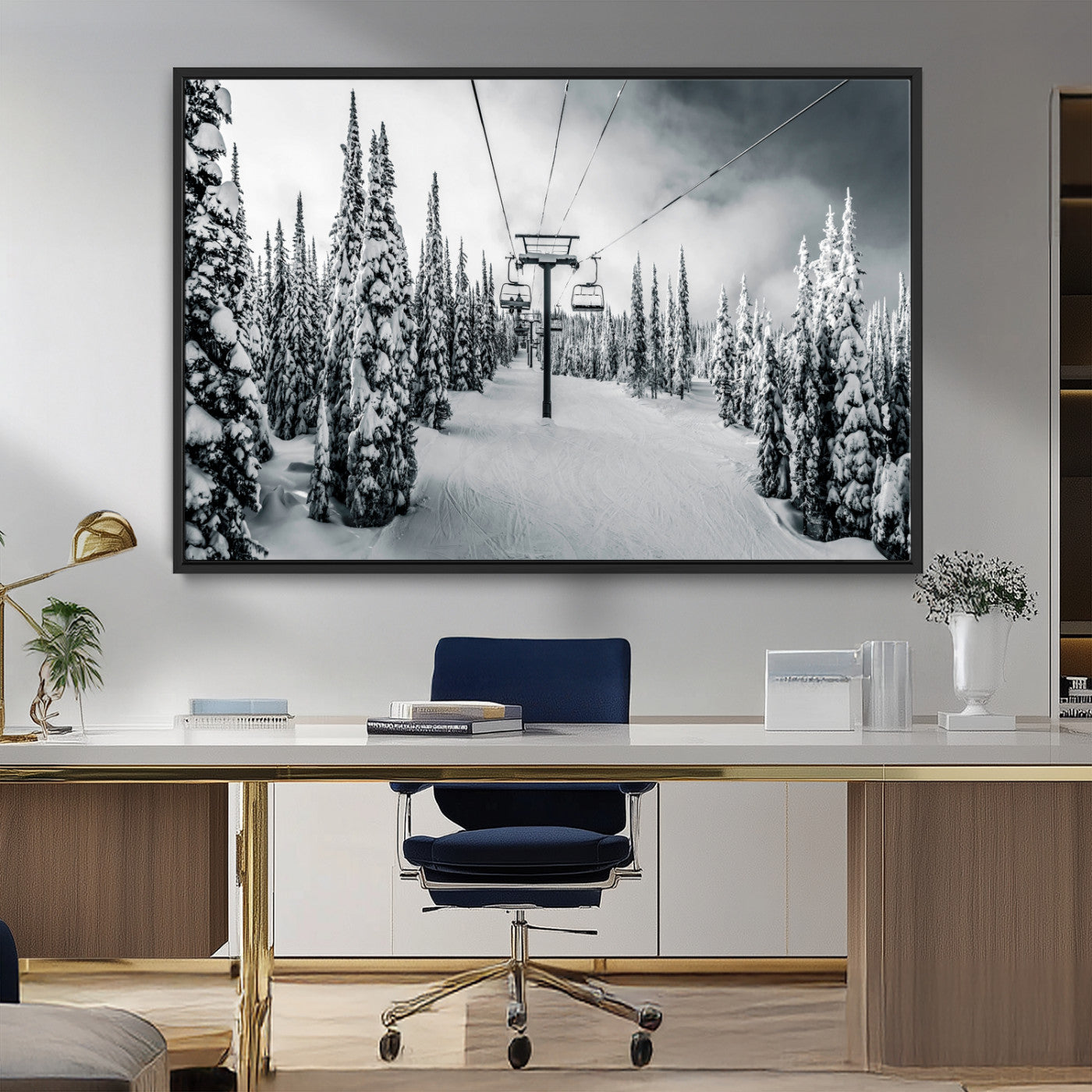 MGV-FC-36X24 - Snowy Pines Wall Art Canvas Print, Framed Ski Lift Art Picture Print, Winter Forest Perfect Moody Lodge Decor Artwork