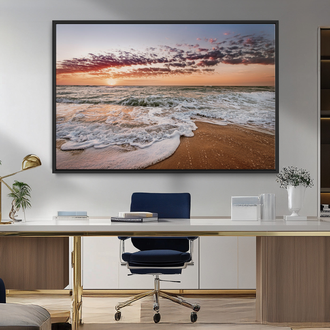 MGV-FC-36X24 - Ocean Sunset Wall Art Canvas Print, Framed Sandy Shore Art Picture Print, Gentle Waves Perfect Minimalist Coastal Decor Artwork