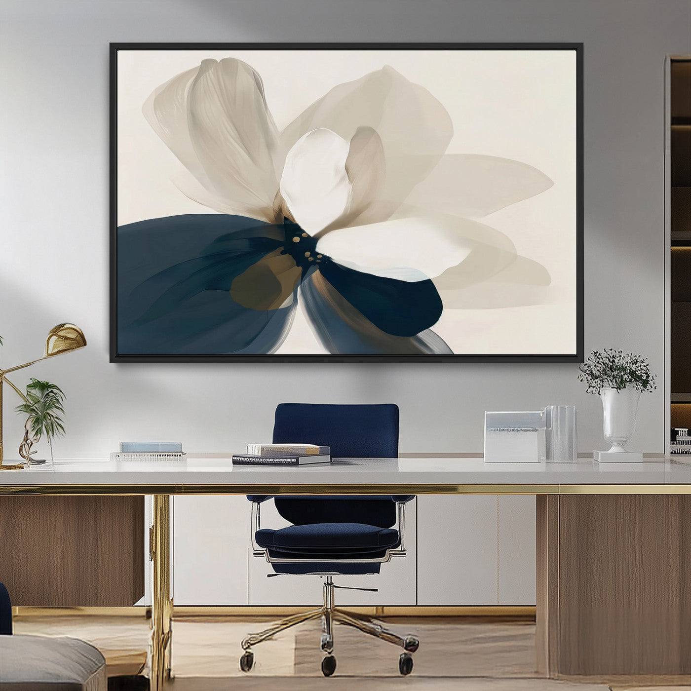 MGV-FC-36X24 - Minimal Flower Wall Art Canvas Print, Framed Flower Drawing Art Picture Print, Beige Bloom Perfect Modern Botanical Decor Artwork