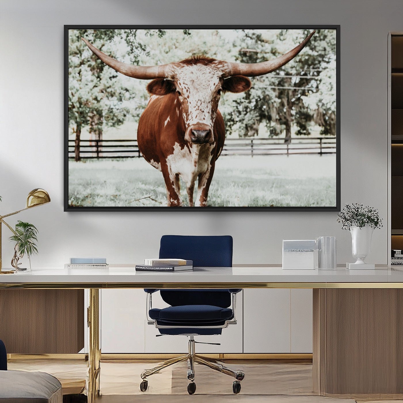 MGV-FC-36X24 - Texas Longhorn Wall Art Canvas Print, Framed Spotted Cow Art Picture Print, Horned Cattle Perfect Rustic Western Decor Artwork