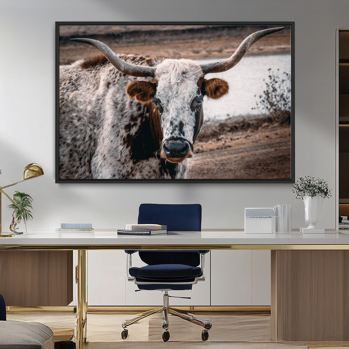 MGV-FC-36X24 - Texas Longhorn Wall Art Canvas Print, Framed Spotted Cow Art Picture Print, Horned Cattle Perfect Rustic Western Decor Artwork