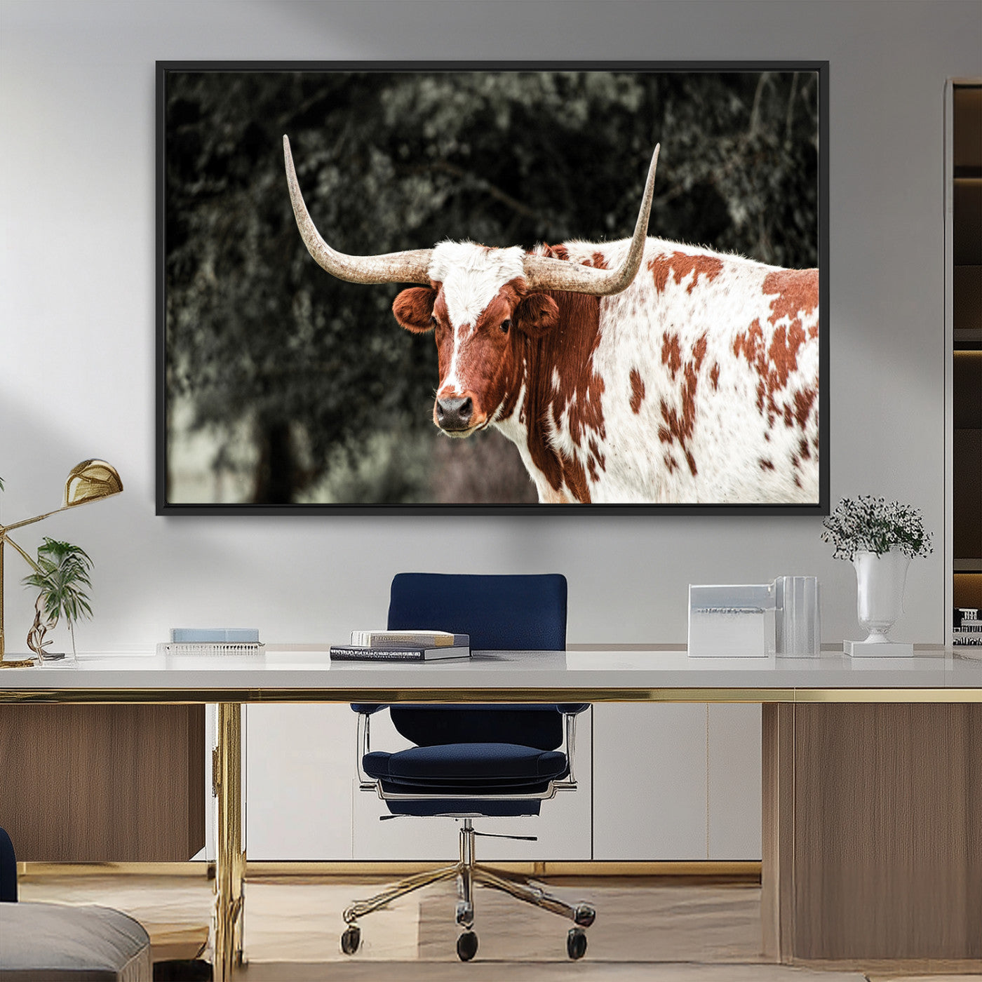MGV-FC-36X24 - Texas Longhorn Wall Art Canvas Print, Framed Spotted Cow Art Picture Print, Horned Bull Perfect Rustic Western Decor Artwork