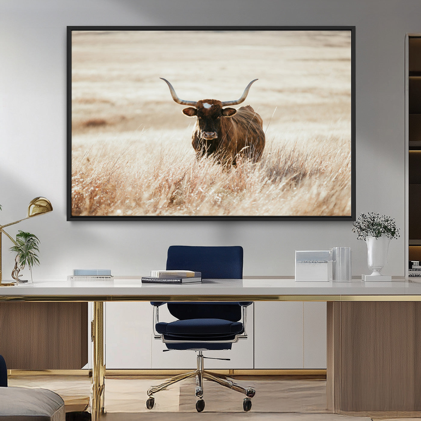 MGV-FC-36X24 - Texas Longhorn Wall Art Canvas Print, Framed Brown Cattle Art Picture Print, Horned Bull Perfect Rustic Western Decor Artwork