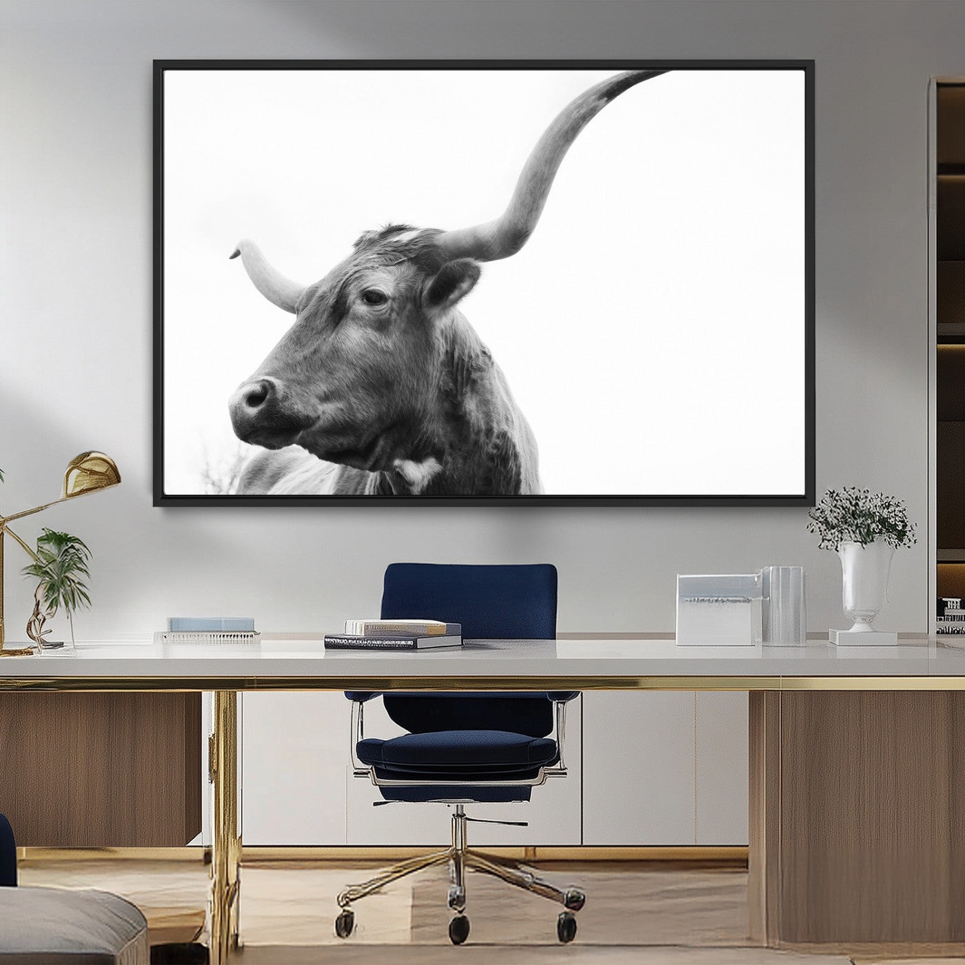 MGV-FC-36X24 - Longhorn Wall Art Wall Art Canvas Print, Framed Modern Ranch Style Art Art Picture Print, Monochrome Cow Print Perfect Rustic Western Decor Artwork
