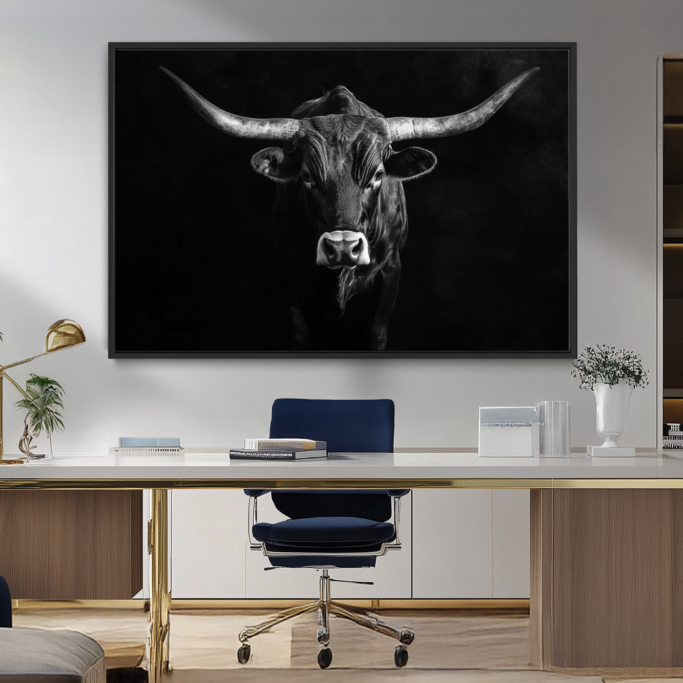 MGV-FC-36X24 - Texas Longhorn Wall Art Canvas Print, Framed Monochrome Bull Art Picture Print, Horned Bull Perfect Rustic Western Decor Artwork
