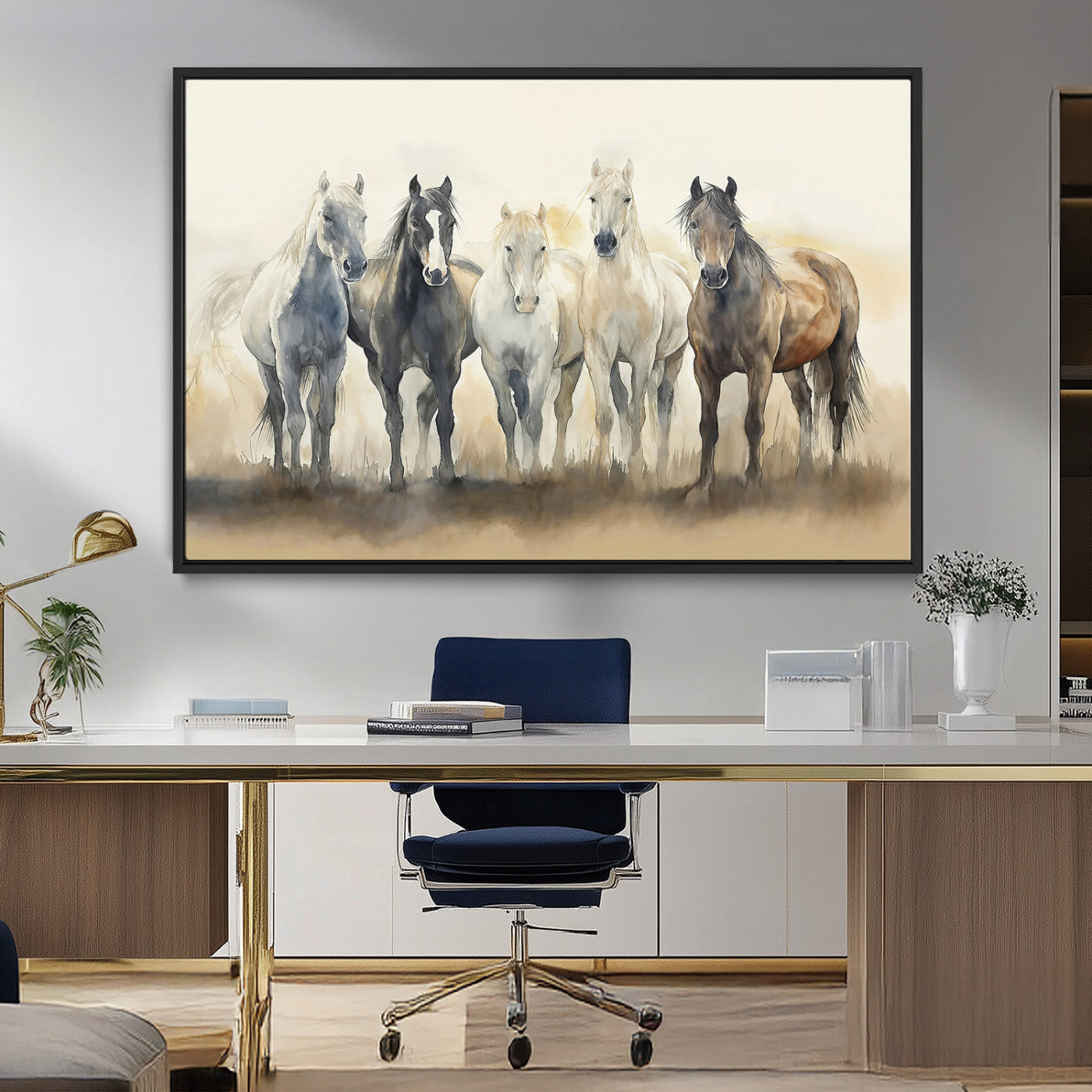 MGV-FC-36X24 - Wild Horses Wall Art Canvas Print, Framed Running Horses Art Picture Print, Watercolor Horses Perfect Rustic Western Decor Artwork