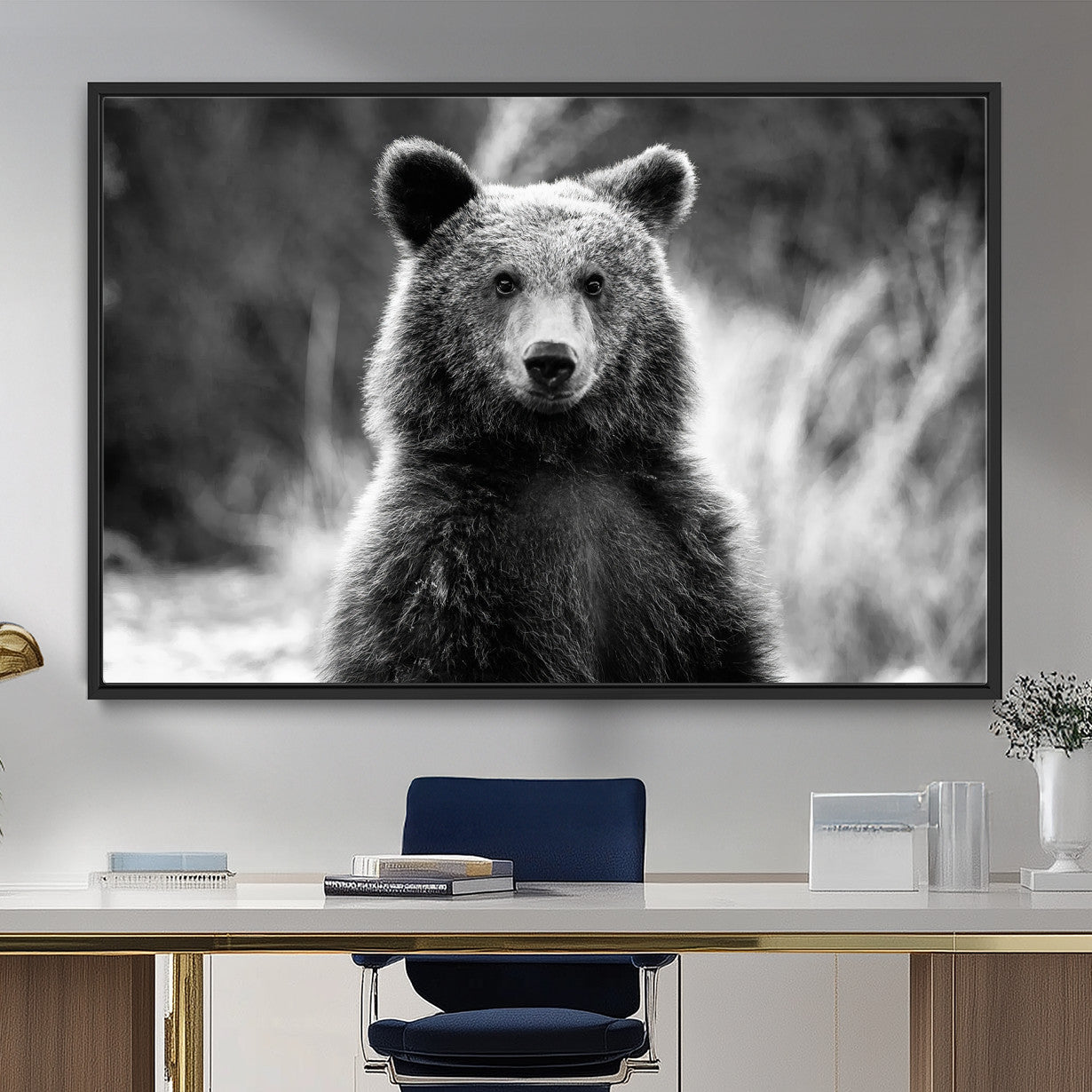 55656803-MGV-FC-36X24_Black-Grizzly Bear Wall Art Canvas Print – Framed Black White Wildlife Rustic Nature Artwork for Home, Office Decor