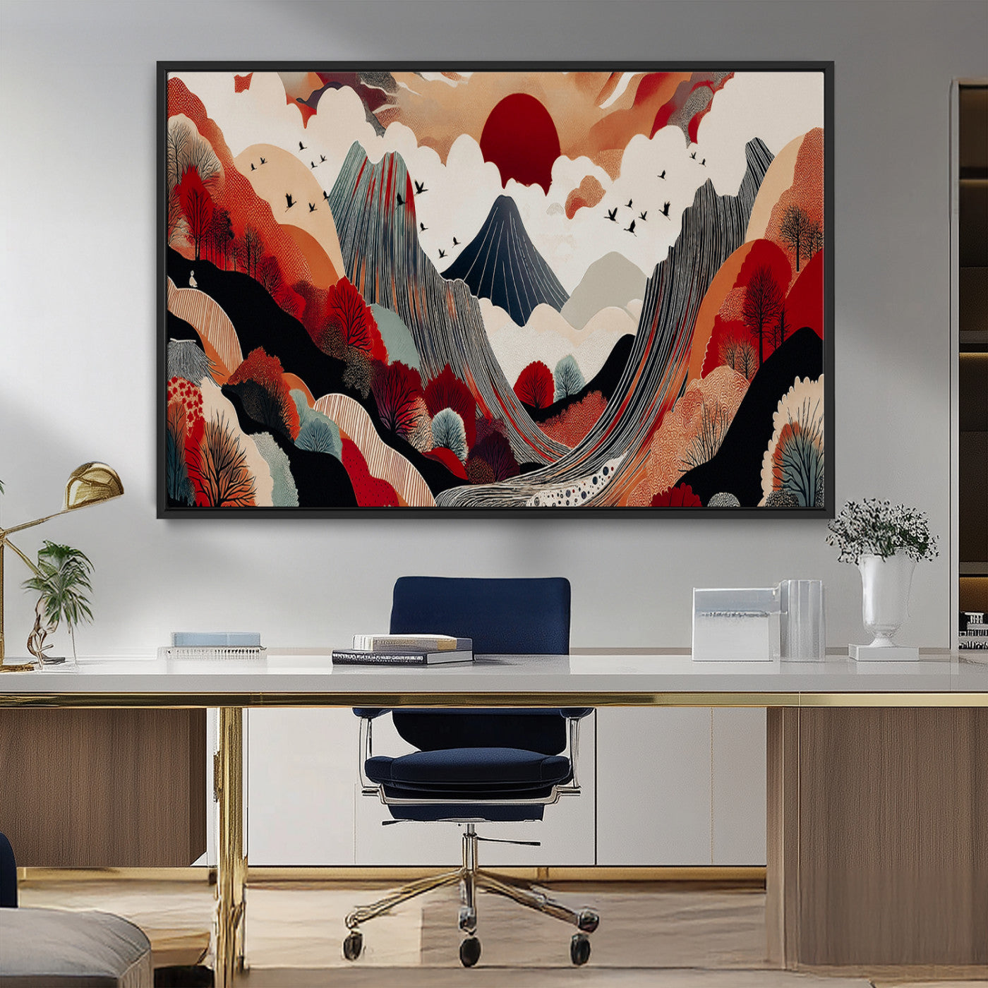 MGV-FC-36X24 - Abstract Mountain Wall Art Canvas Print, Framed Vibrant Landscape Art Picture Print, Stylized Nature Drawing Perfect Contemporary Minimalist Decor Artwork