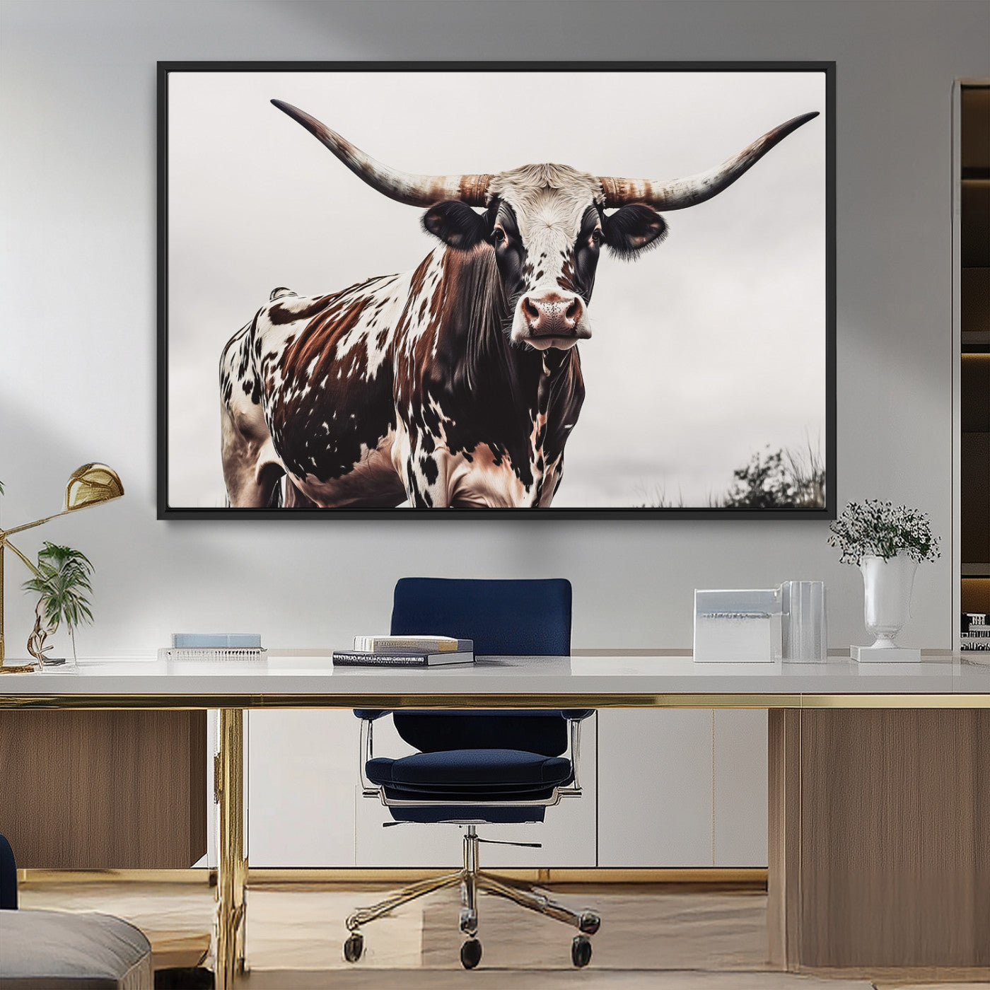 MGV-FC-36X24 - Texas Longhorn Wall Art Canvas Print, Framed Spotted Bull Art Picture Print, Horned Cattle Perfect Rustic Farmhouse Decor Artwork