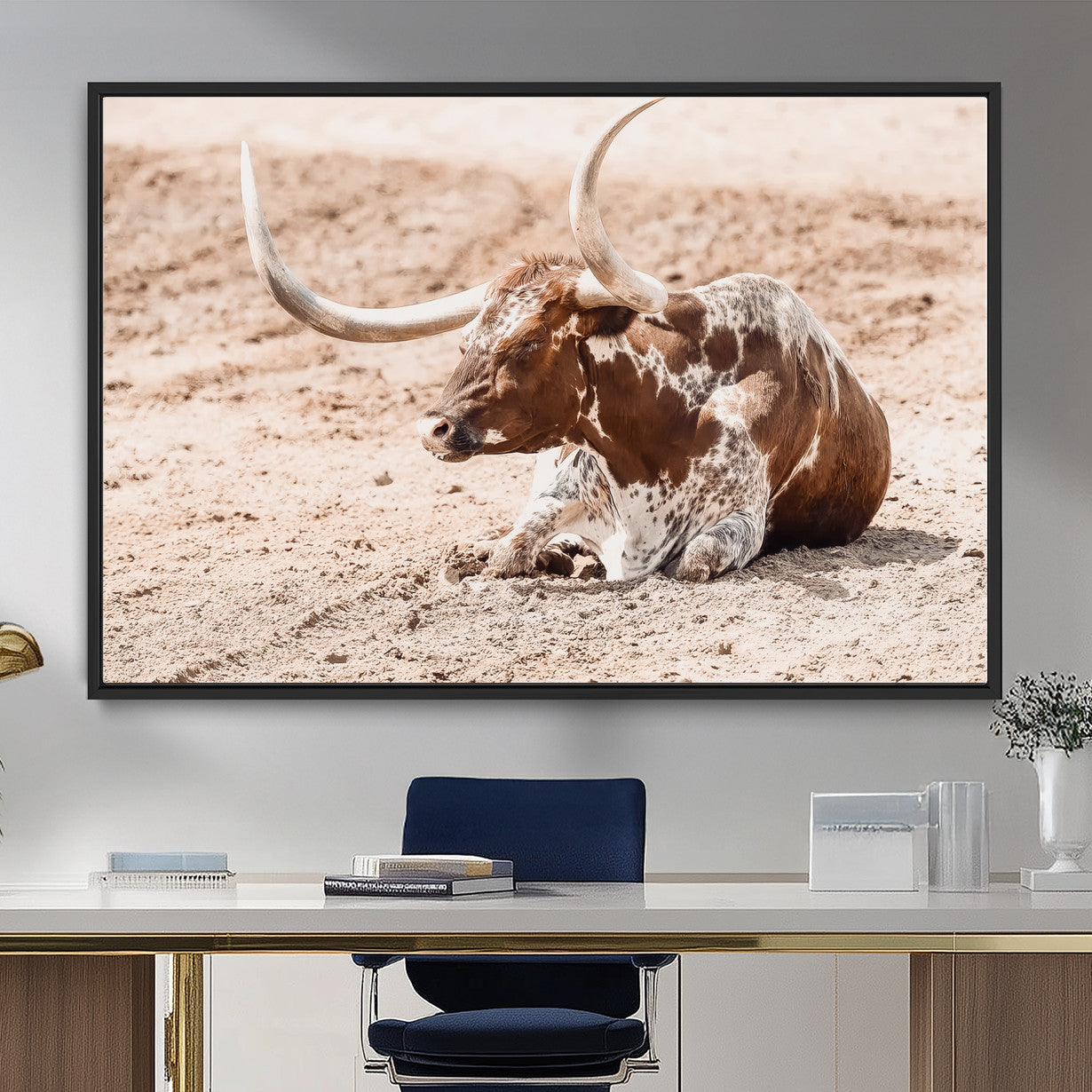 91248682-MGV-FC-36X24_Black-Texas Longhorn Wall Art Canvas Print – Framed Resting Bull Scene with Spotted Cattle Artwork for Home, Office