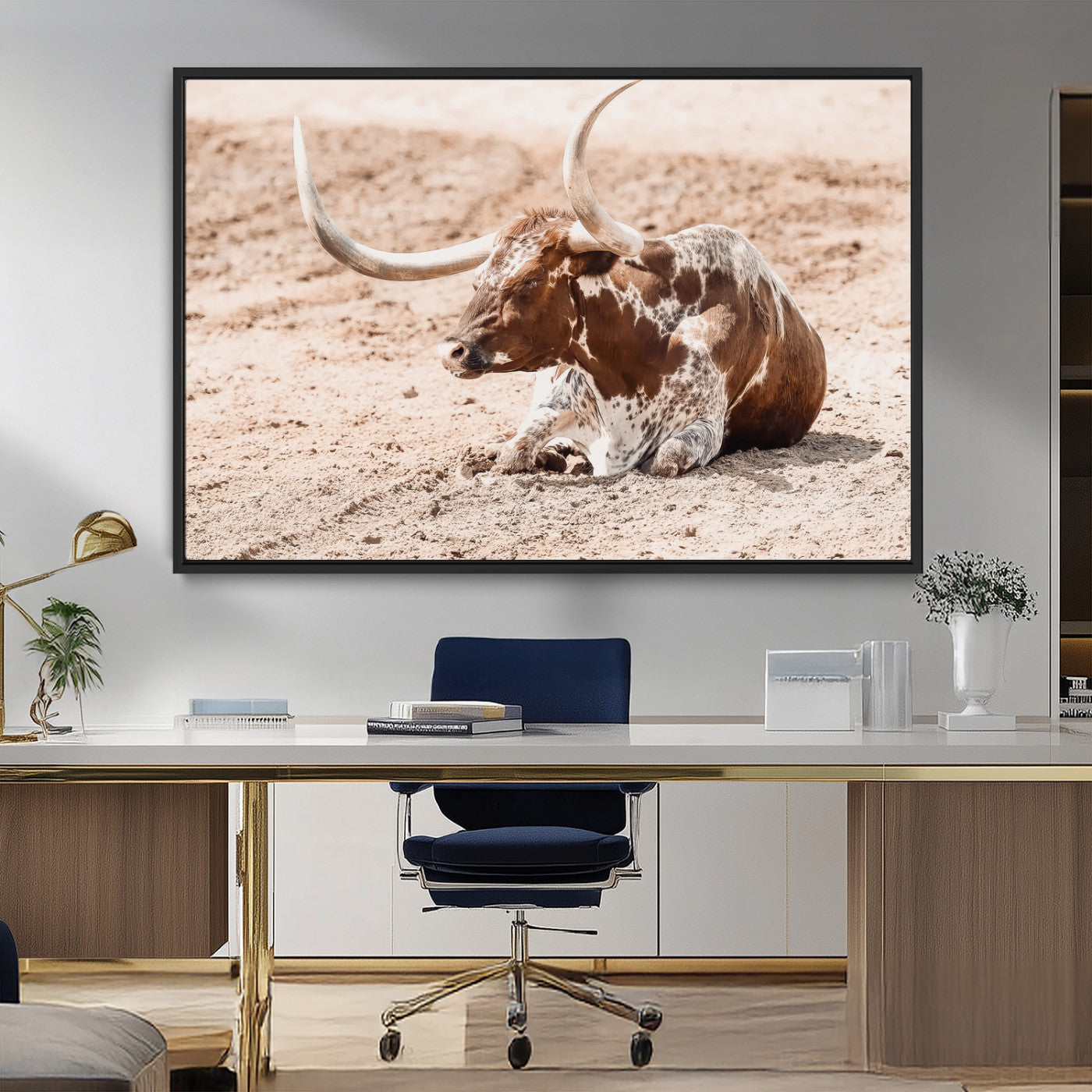MGV-FC-36X24 - Texas Longhorn Wall Art Canvas Print, Framed Resting Bull Art Picture Print, Spotted Cattle Perfect Rustic Western Decor Artwork