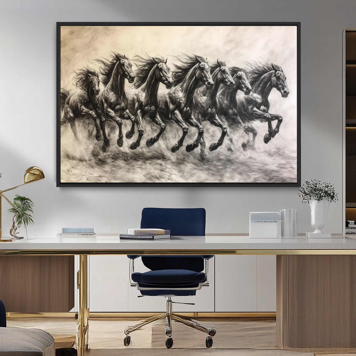 MGV-FC-36X24 - Galloping Horses Wall Art Canvas Print, Framed Wild Stallions Art Picture Print, Horse Herd Sketch Perfect Monochrome Dynamic Decor Artwork