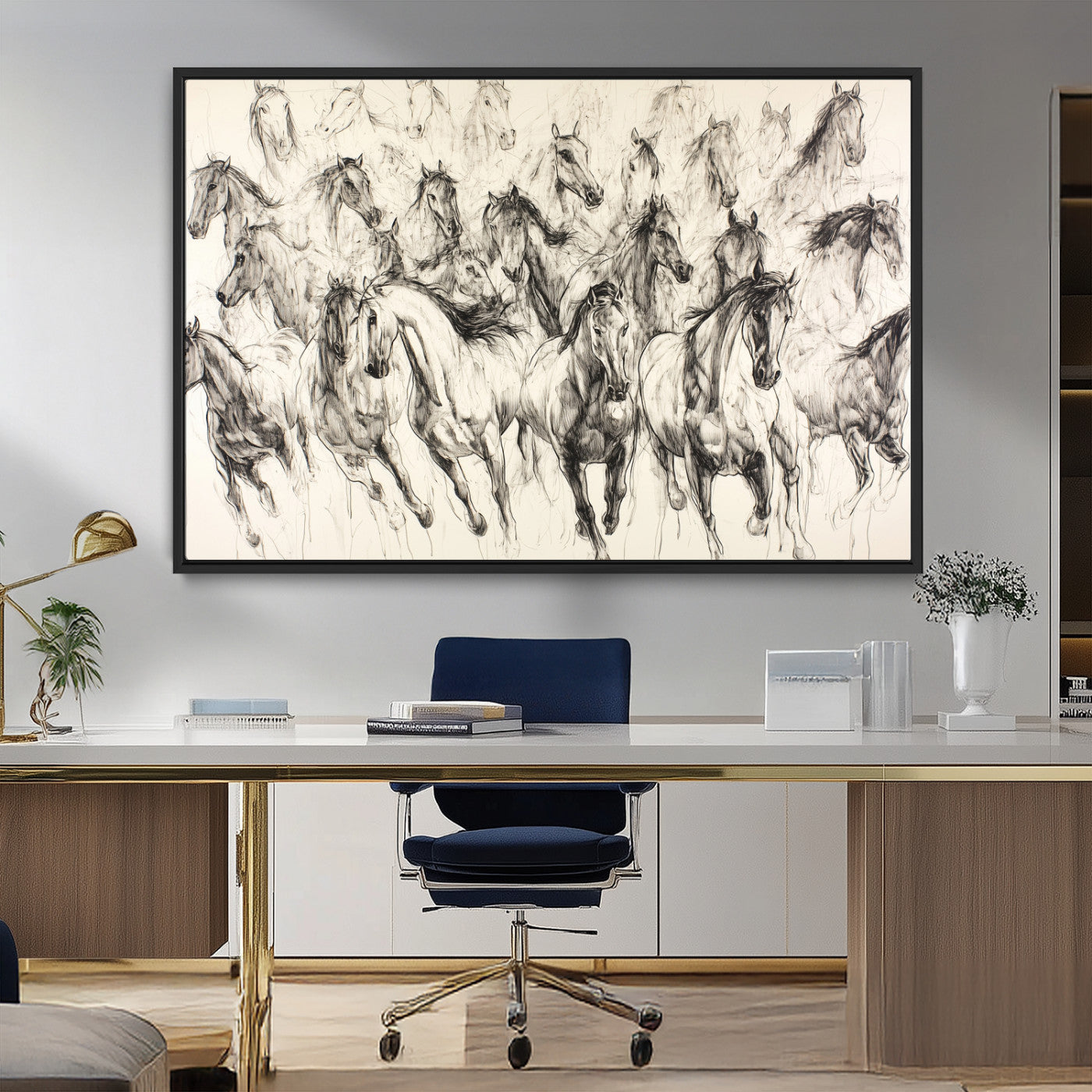 MGV-FC-36X24 - Running Horses Wall Art Canvas Print, Framed Horse Sketch Art Picture Print, Galloping Herd Perfect Monochrome Western Decor Artwork