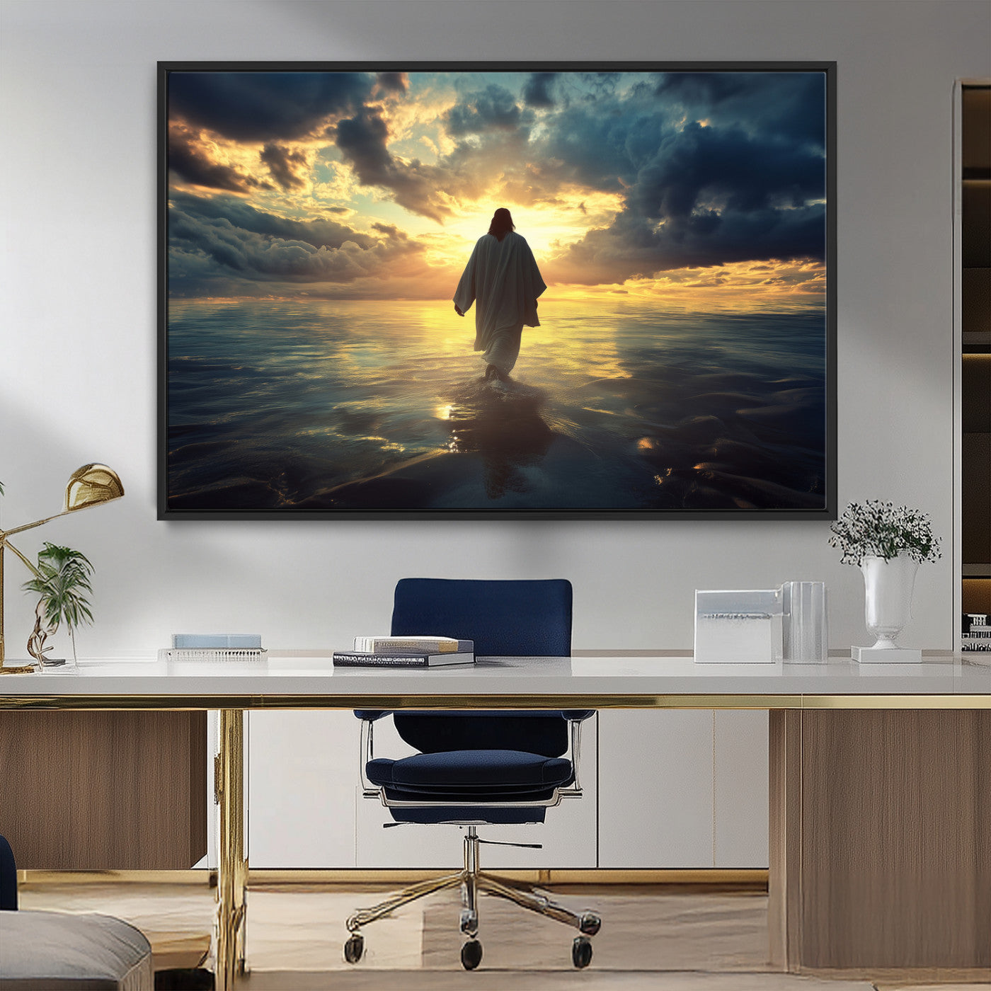 MGV-FC-36X24 - Jesus Walks Wall Art Canvas Print, Framed Divine Sunset Art Picture Print, Spiritual Light Perfect Spiritual Tranquil Decor Artwork
