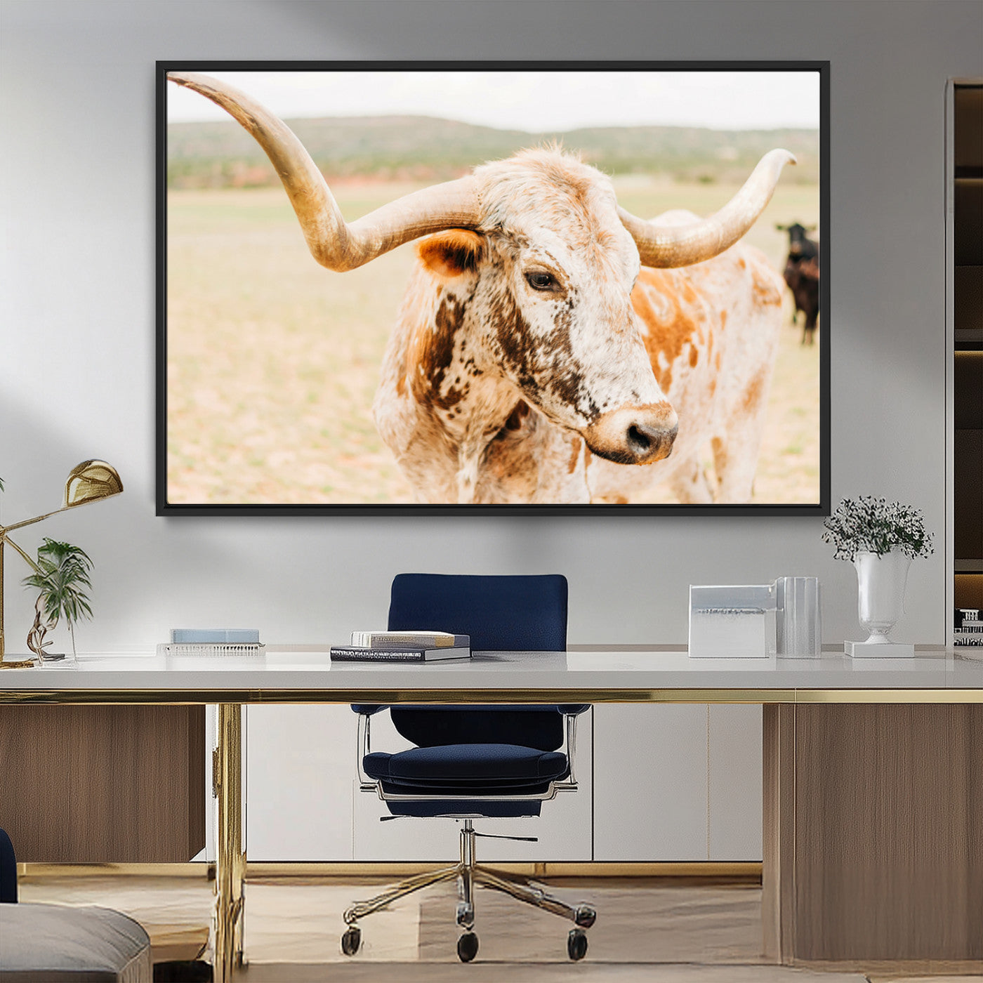 MGV-FC-36X24 - Texas Longhorn Wall Art Canvas Print, Framed Speckled Cow Art Picture Print, Rustic Bull Perfect Rustic Western Decor Artwork