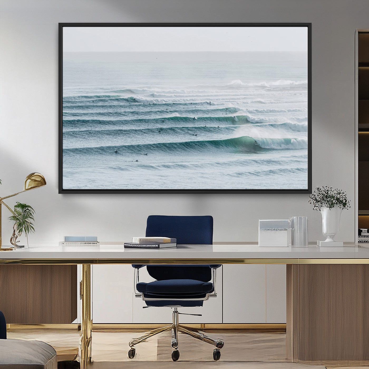 MGV-FC-36X24 - Ocean Waves Wall Art Canvas Print, Framed Surfer Lineup Art Picture Print, Crowded Ocean Perfect Minimal Coastal Decor Artwork