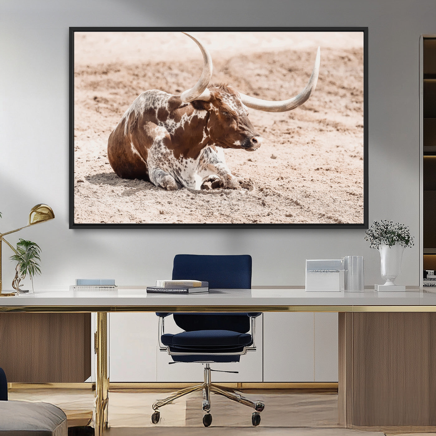 MGV-FC-36X24 - Texas Longhorn Wall Art Canvas Print, Framed Resting Bull Art Picture Print, Spotted Cattle Perfect Rustic Western Decor Artwork