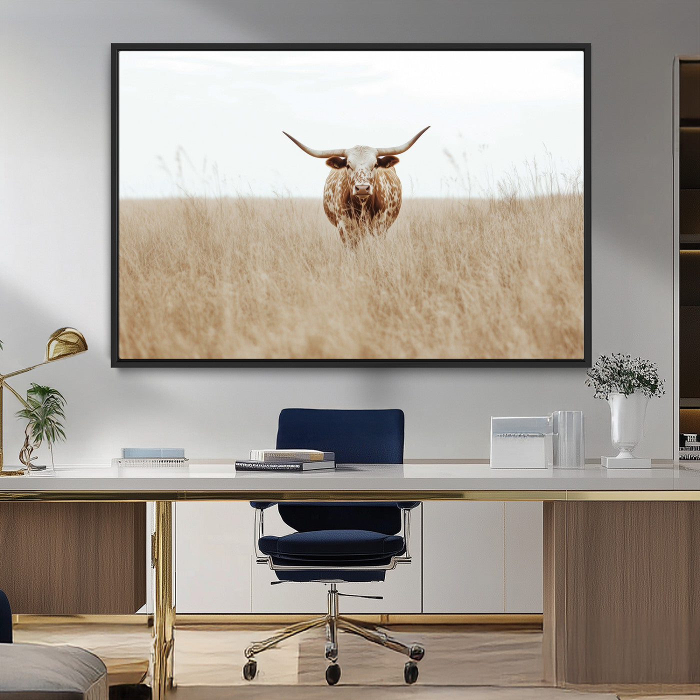 MGV-FC-36X24 - Texas Longhorn Wall Art Canvas Print, Framed Lone Cattle Art Picture Print, Longhorn Bull Perfect Rustic Western Decor Artwork