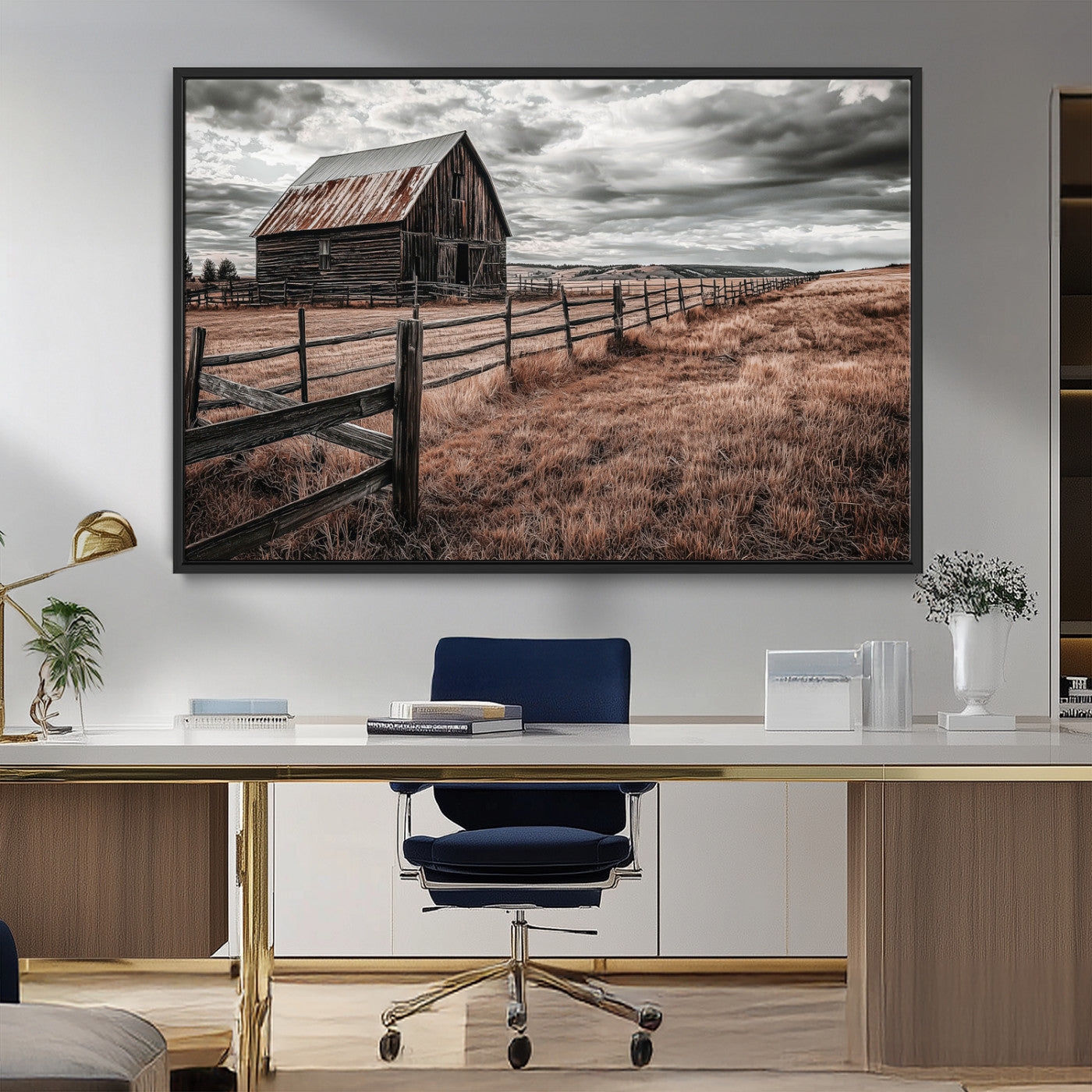 MGV-FC-36X24 - Rustic Barn Wall Art Canvas Print, Framed Moody Field Art Picture Print, Weathered Fence Perfect Moody Farmhouse Decor Artwork