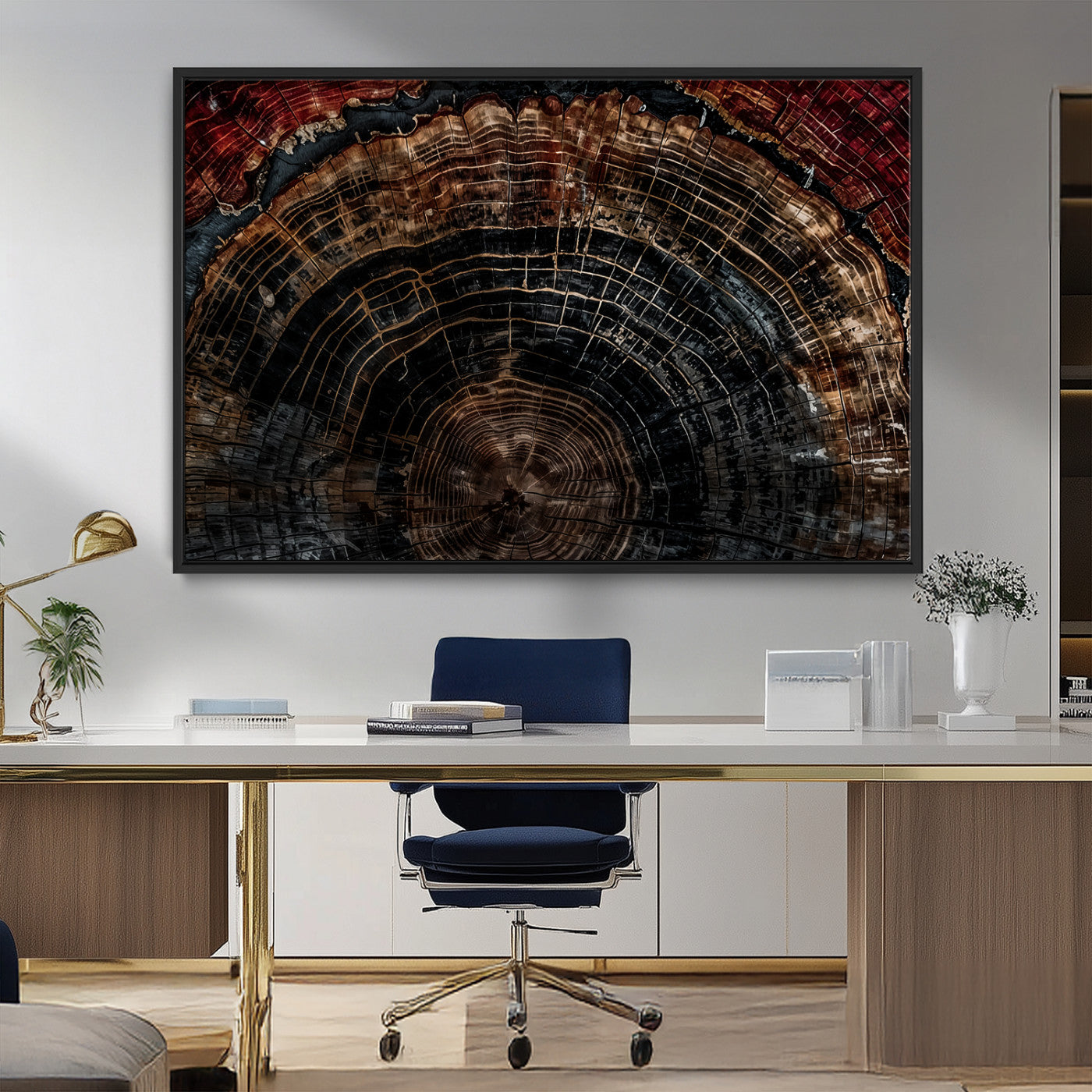 MGV-FC-36X24 - Dark Wood Ring Wall Art Canvas Print, Framed Abstract Wood Tree Art Picture Print, Rustic Tree Slice Perfect Rustic Decor Artwork