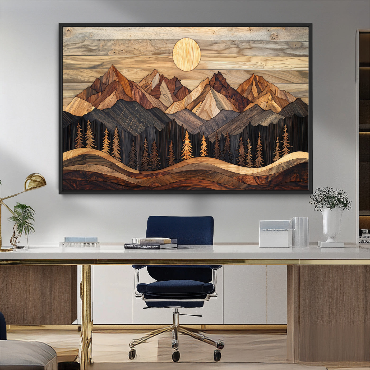 MGV-FC-36X24 - Wood Mountain Wall Art Canvas Print, Framed Boho Wood Art Picture Print, Abstract Woodland Perfect Farmhouse Decor Artwork