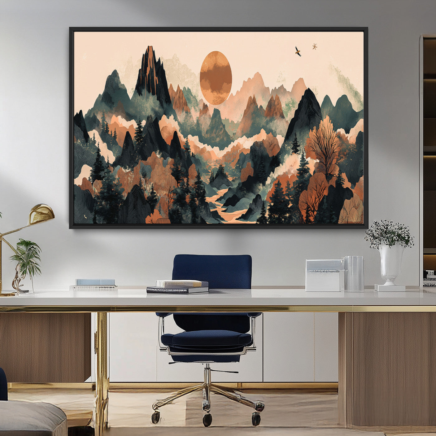 MGV-FC-36X24 - Wood Mountain Landscape Wall Art Canvas Print, Framed Sunset Hills Art Picture Print, Abstract Nature Perfect Boho Decor Artwork