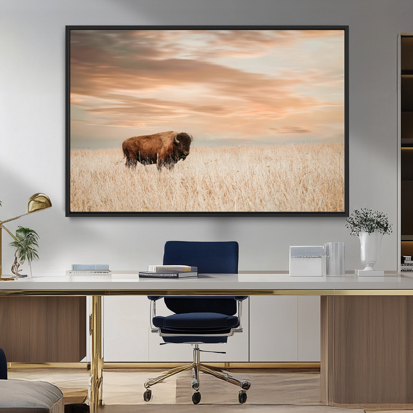MGV-FC-36X24 - Bison Wall Art Canvas Print, Framed Buffalo Art Picture Print, Western Prairie Perfect Rustic Decor Artwork