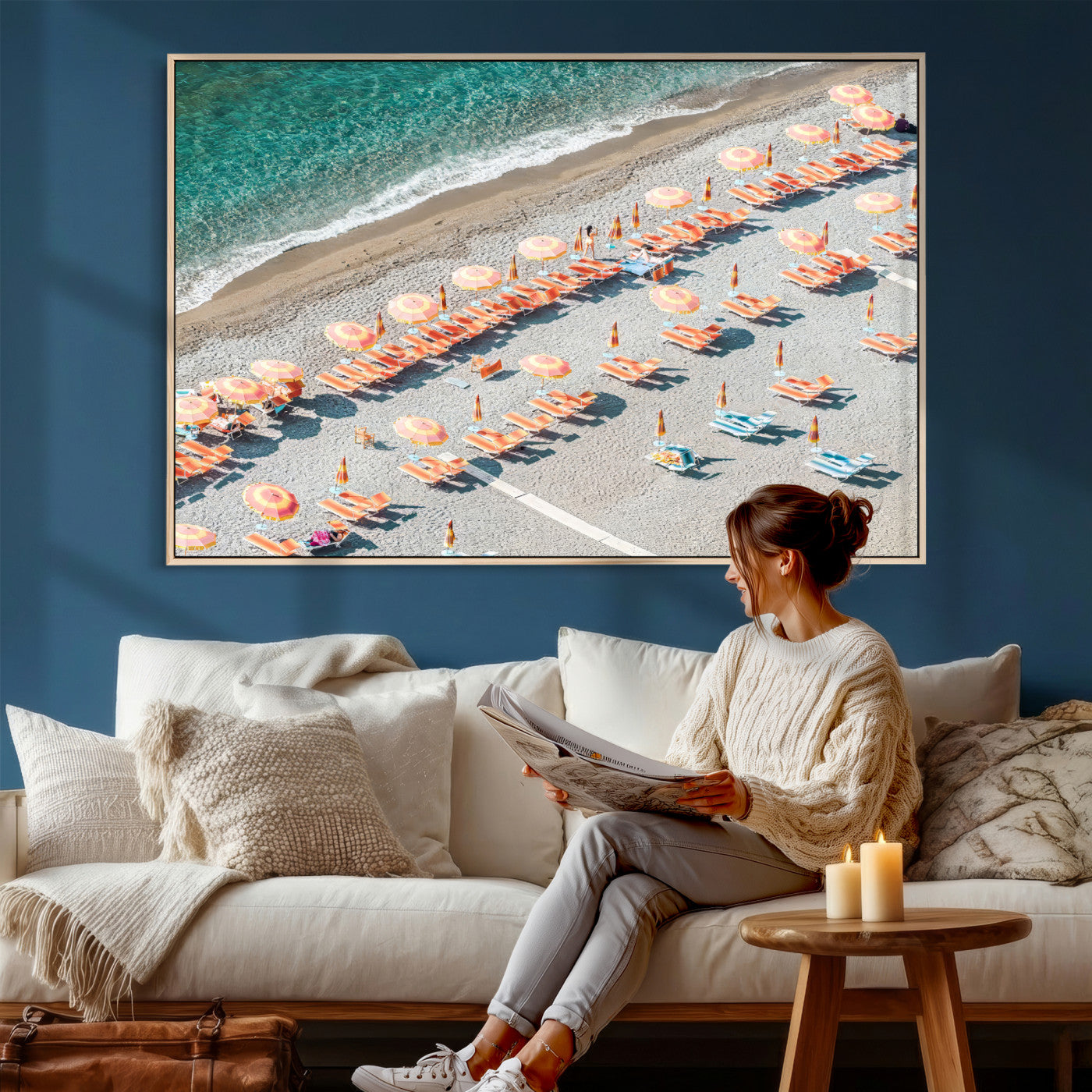 27805351-MGV-CV-36X24 - Beach Umbrellas Wall Art – Orange Loungers & Turquoise Water Canvas Print, Sandy Shore and Summer Vibes